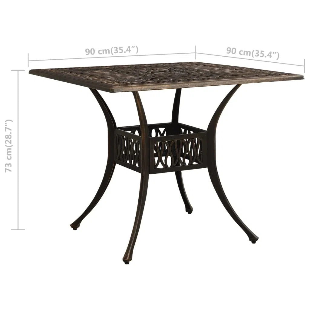 Générique Odlewany aluminiowy stół ogrodowy 90x90x73 cm brąz | Stolik do herbaty na zewnątrz, 4 oddzielne nogi, otwór na parasol, idealny do kawy lub napojów