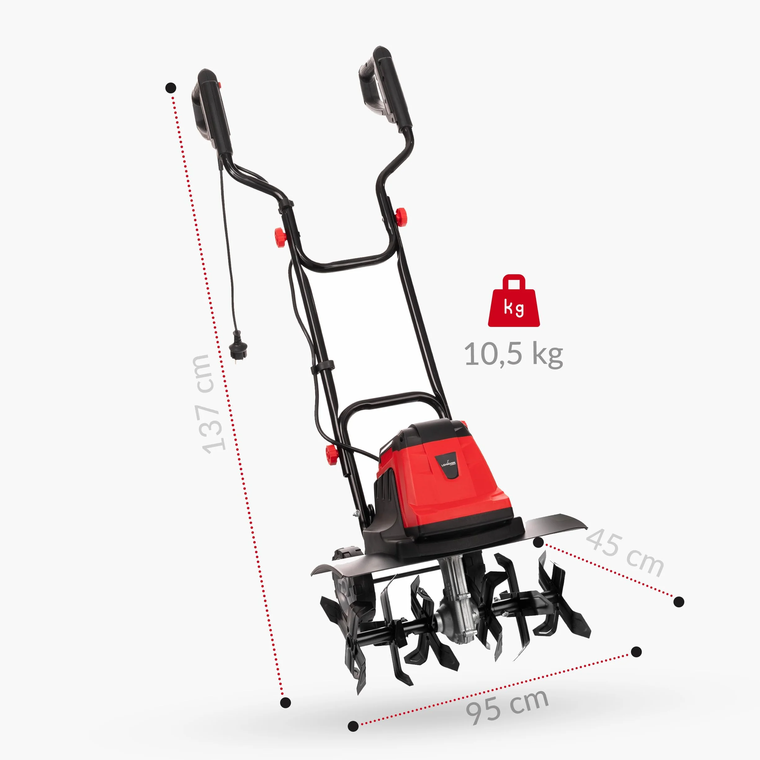 LEHMANN Elektryczna glebogryzarka, 1800 W, glebogryzarka o szerokości roboczej 45 cm i głębokości roboczej 22 cm, 24 noże, składany uchwyt, frezarka ogrodowa z kołami transportowymi do kopania i