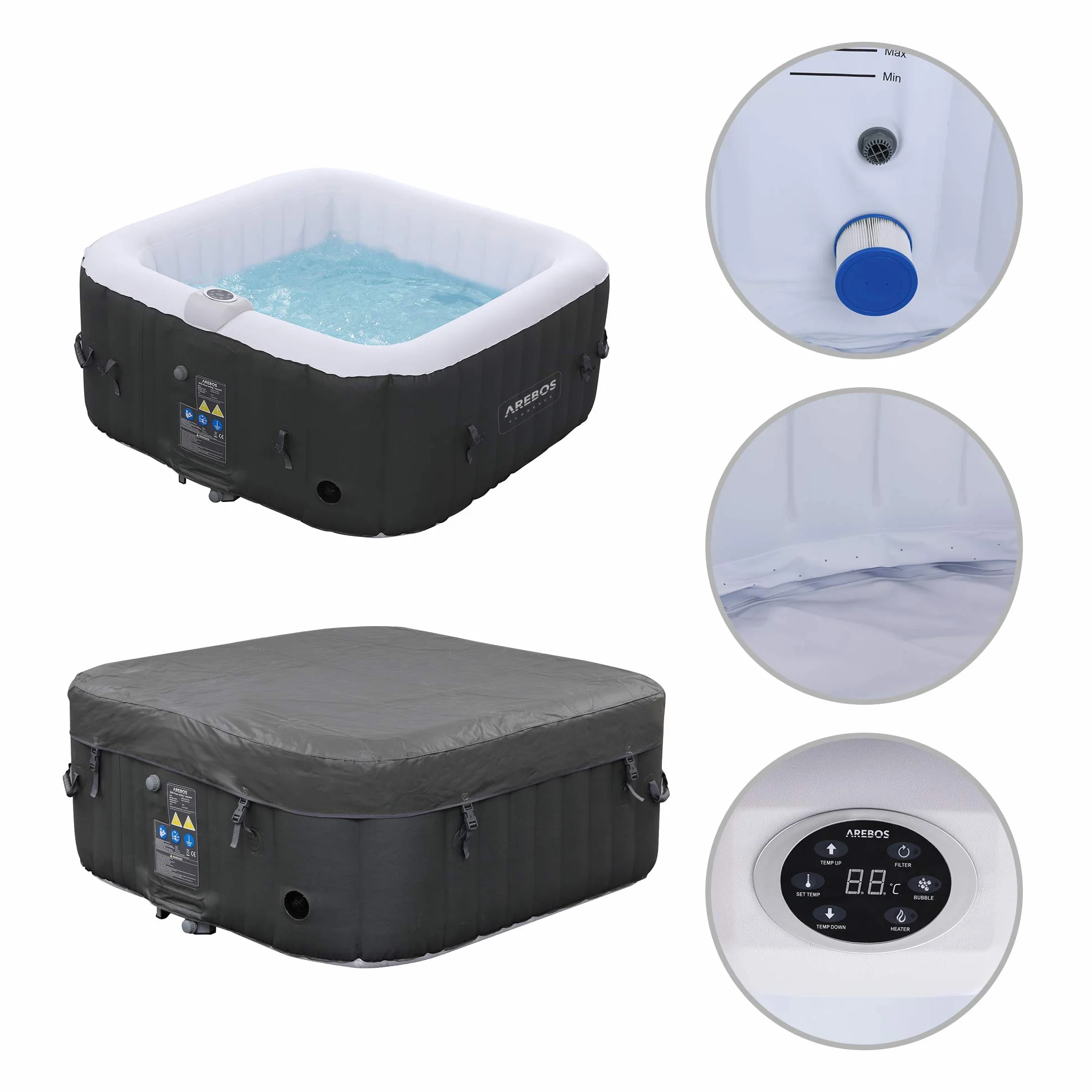 Arebos Nadmuchiwane | Whirlpool Pure | | 4 osoby | 130 dysz do masażu | Spa Dobre samopoczucie Ogrzewanie | 550 litrów | z pokrywą | Bubble Spa & Wellness masaż