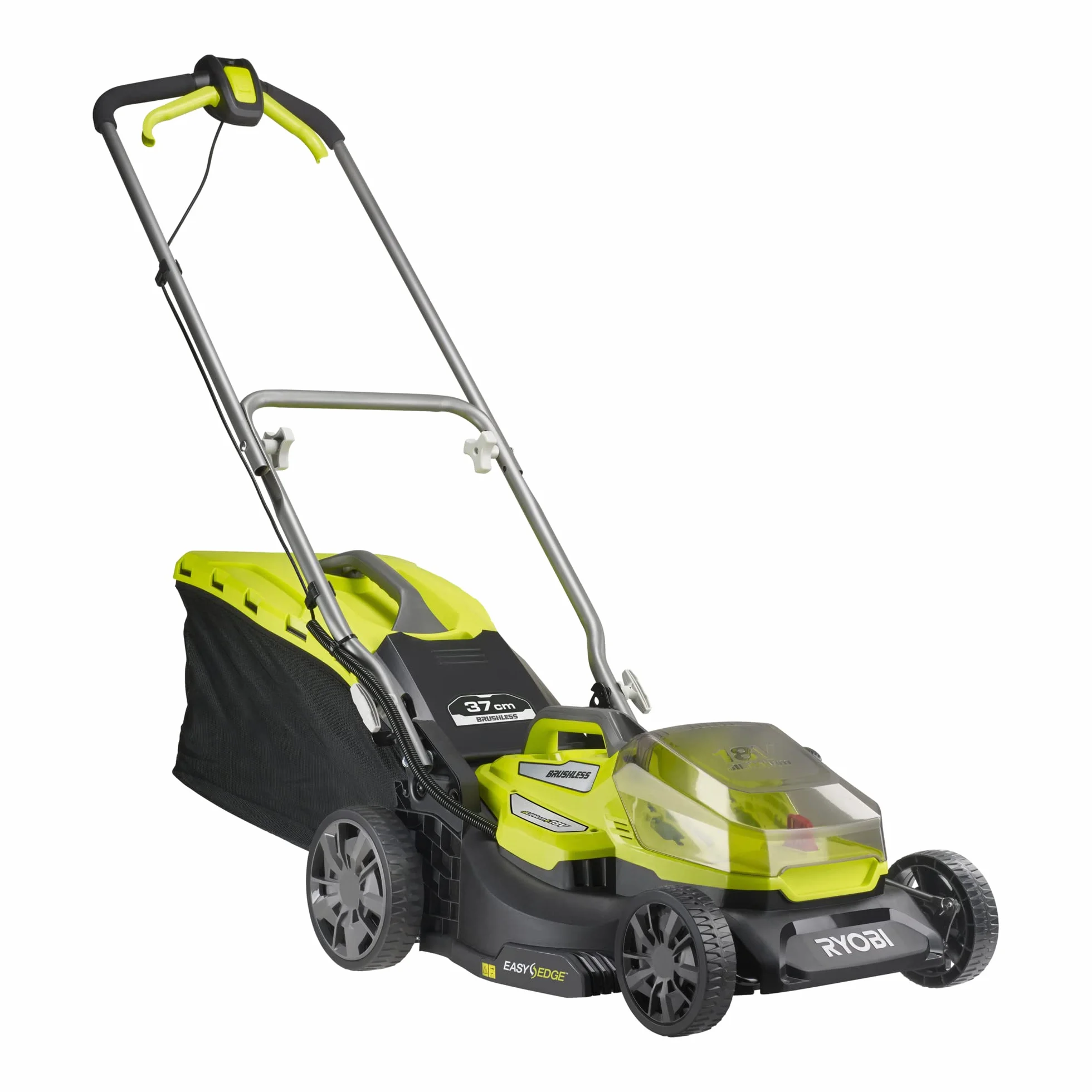 Ryobi Bezszczotkowa Kosiarka 18V RY18LMX37A-0, 37 cm Szerokości Koszenia, 6-Pozycyjna Regulacja Wysokości Koszenia, Kosz 45 L, Easyedge, Wersja bez Akumulatora i Ładowarki
