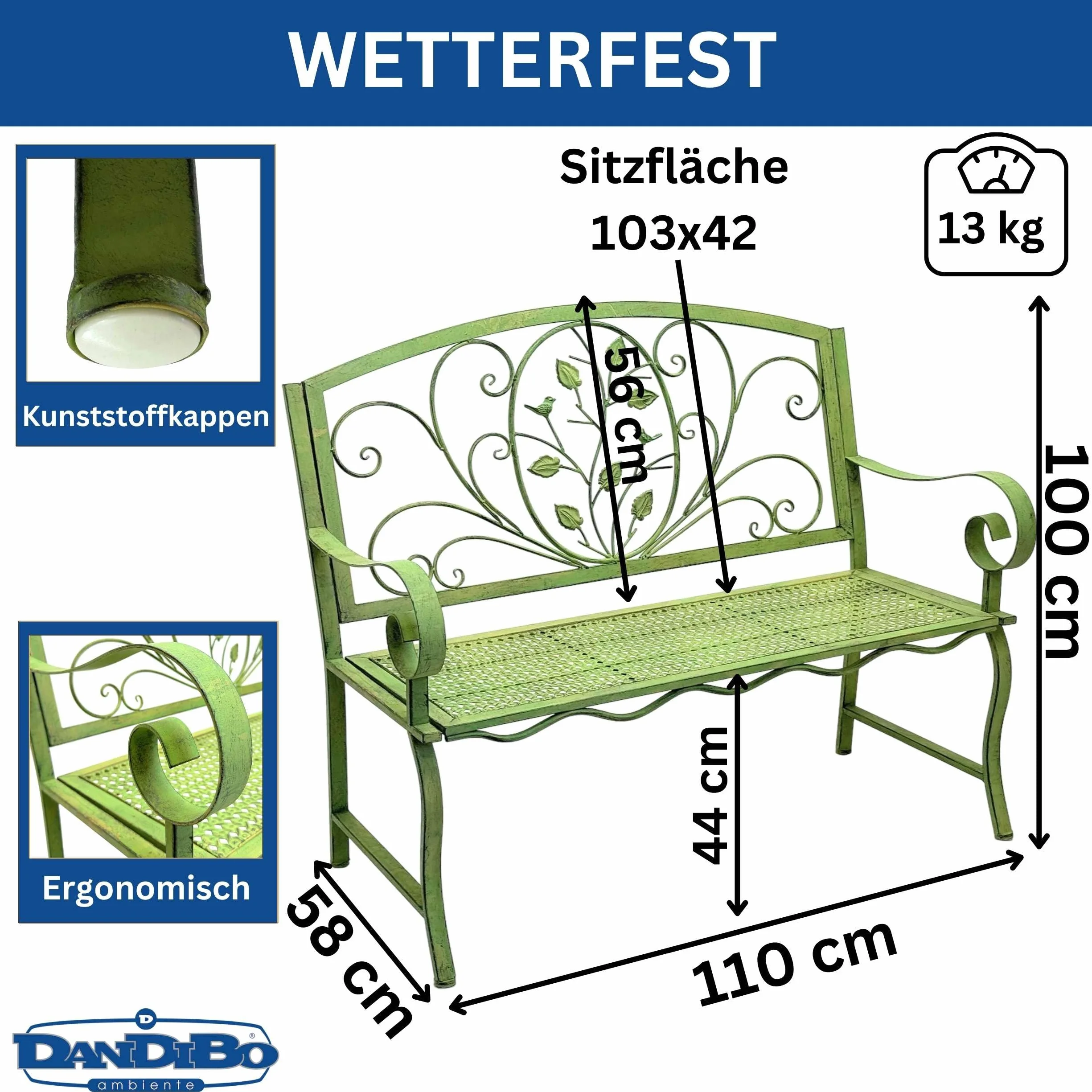 DanDiBo Ławka ogrodowa, odporna na warunki atmosferyczne, 2-osobowa, metalowa, zielona, 110 cm, 96593, ławka do siedzenia, żelazna, ławka ogrodowa, antyczna ławka parkowa