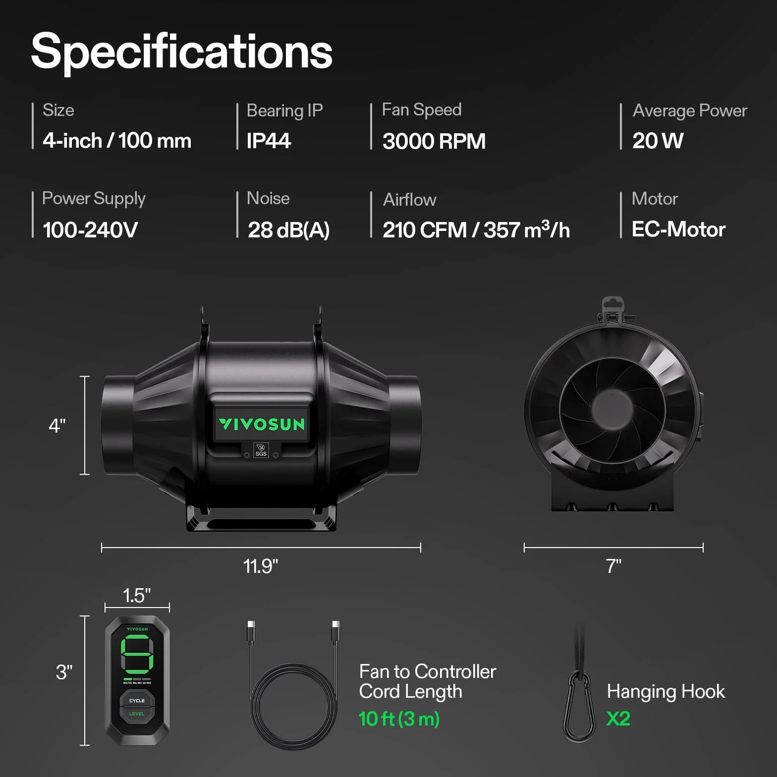VIVOSUN AeroZesh Wentylator kanałowy T4 100 mm 357 m³/h z regulatorem prędkości E12 EC PWM