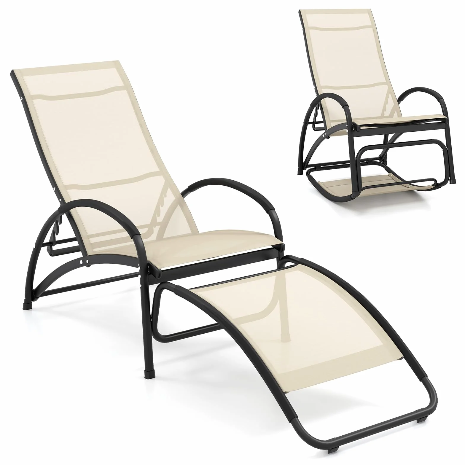 GIANTEX Fotel bujany 2 w 1, do użytku na zewnątrz, z kątem huśtawki 20°, 4 regulowane pozycje leżenia, podłokietniki, fotel bujany do ogrodu, obciążenie 150 kg (beżowy)