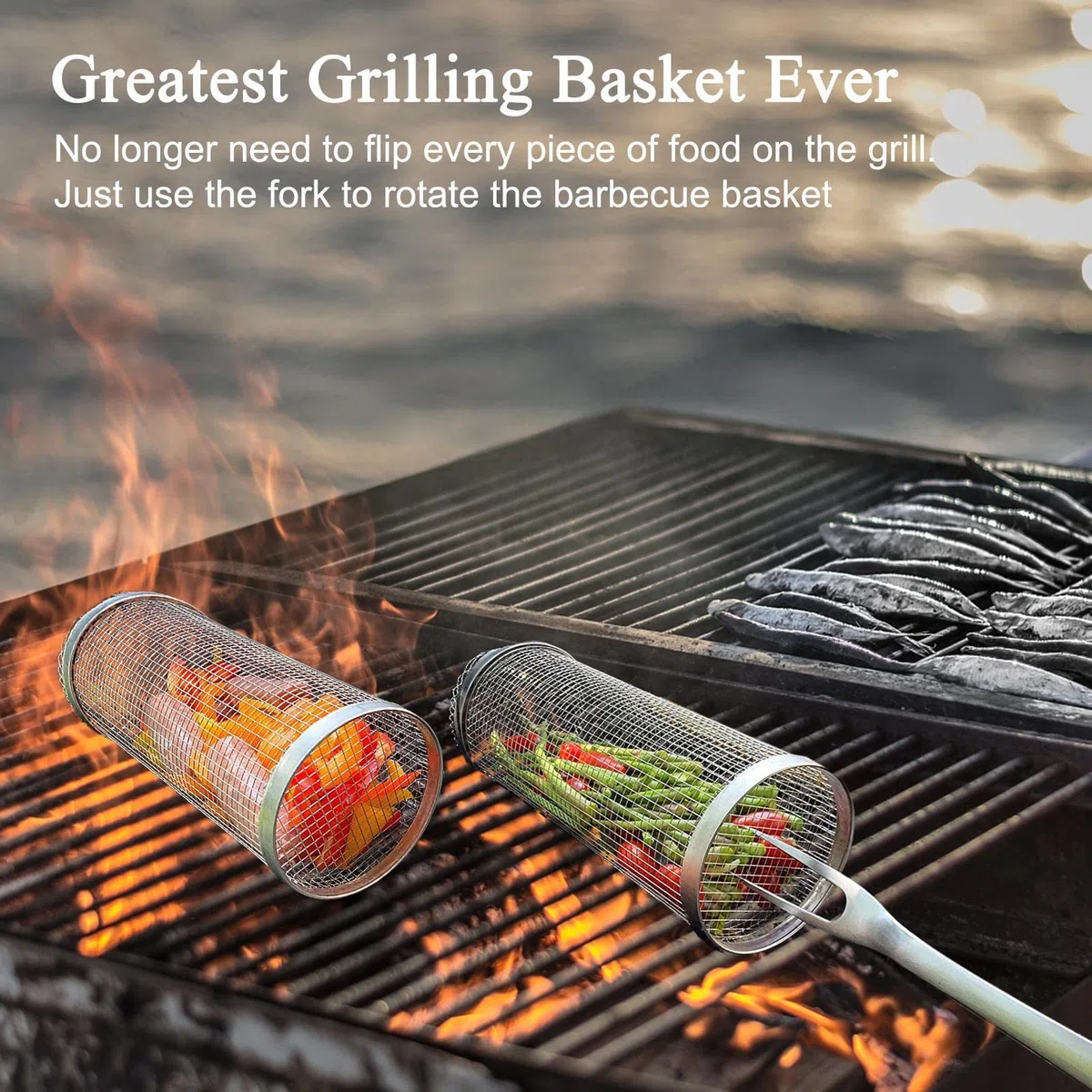 Przenośny kosz do grillowania ze stali nierdzewnej, cylindryczny stojak do grillowania na zewnątrz, kemping i grill, niezbędne akcesoria do grillowania dla entuzjastów grillowania