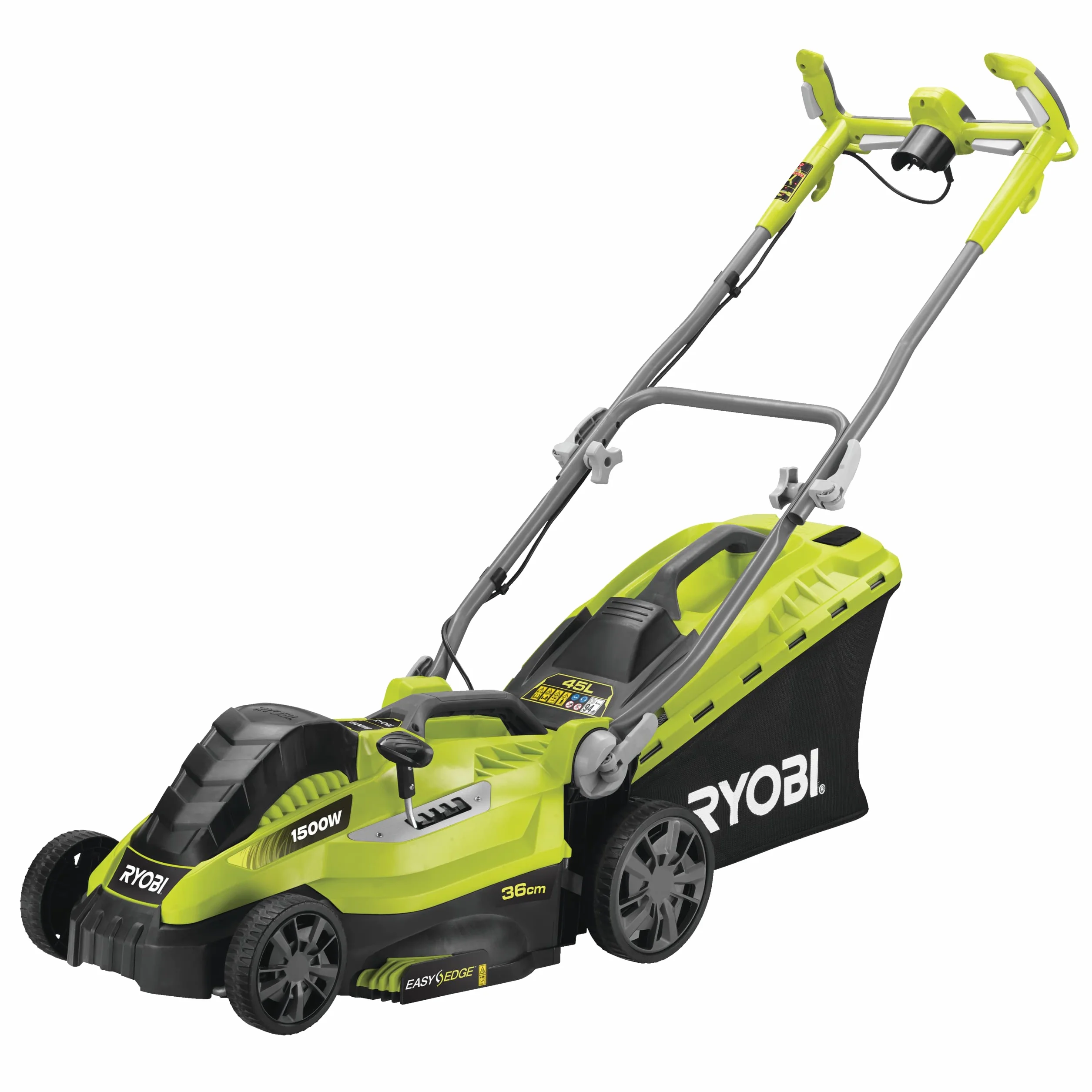 Ryobi RLM15E36H Kosiarka Sieciowa, Moc Silnika 1500W, Szerokość Koszenia 36 cm, Funkcja Mulczowania, Regulacja Wysokości Koszenia, Kosz 45 L