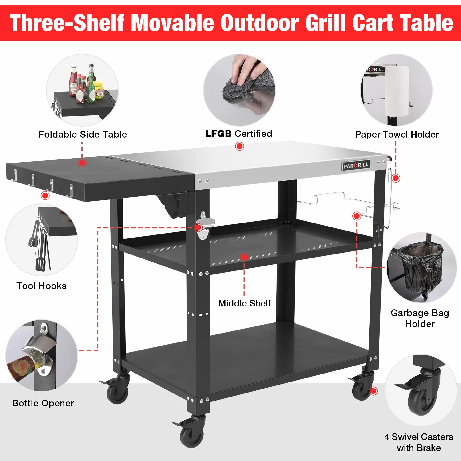 PARGRILL Wózek Grillowy Mobilny 3 Poziomy Składany Stolik Boczny Kółka Obrotowe 360° Hamulec Stół Ogrodowy Stal Nierdzewna BBQ