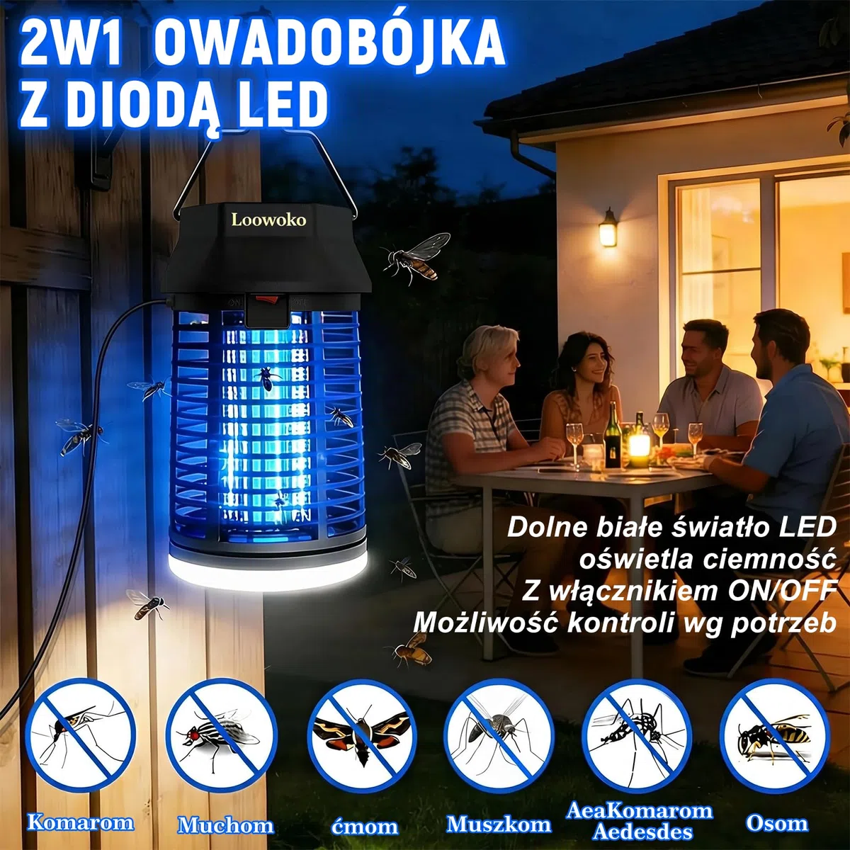 Loowoko Elektryczna pułapka na owady, z przedłużonym kablem o długości 3 m, 4200 V, lampa na komary ze światłem LED, wodoszczelna, elektryczna pułapka na komary, lampa przeciw komarom, do użytku