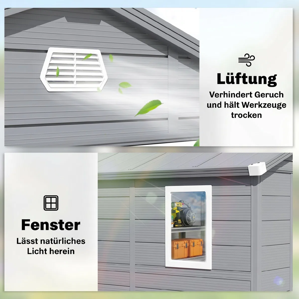 Outsunny Gerätehaus 4,1 m³, Gartenhaus mit Pultdach, 240 x 190 x 180/228 cm, Schütschuppen mit Abschließbar Tür, Fenster, Fahrradgark aus Aluminium, für Hinterhof, Garten, Grau