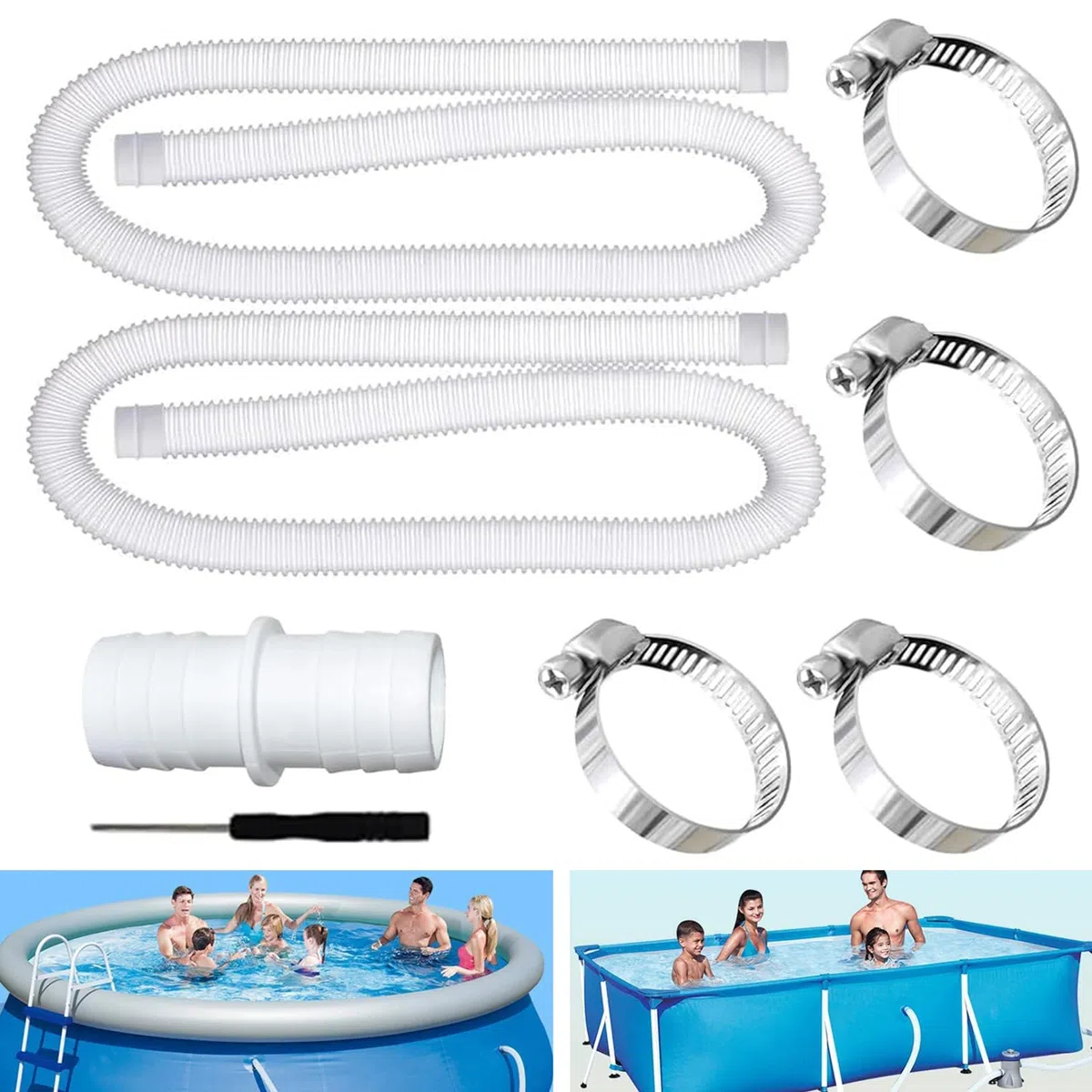 2 szt. Wąż basenowy 32 mm, z 4 metalowymi łącznikami, wymienny wąż do basenów, wąż do basenu