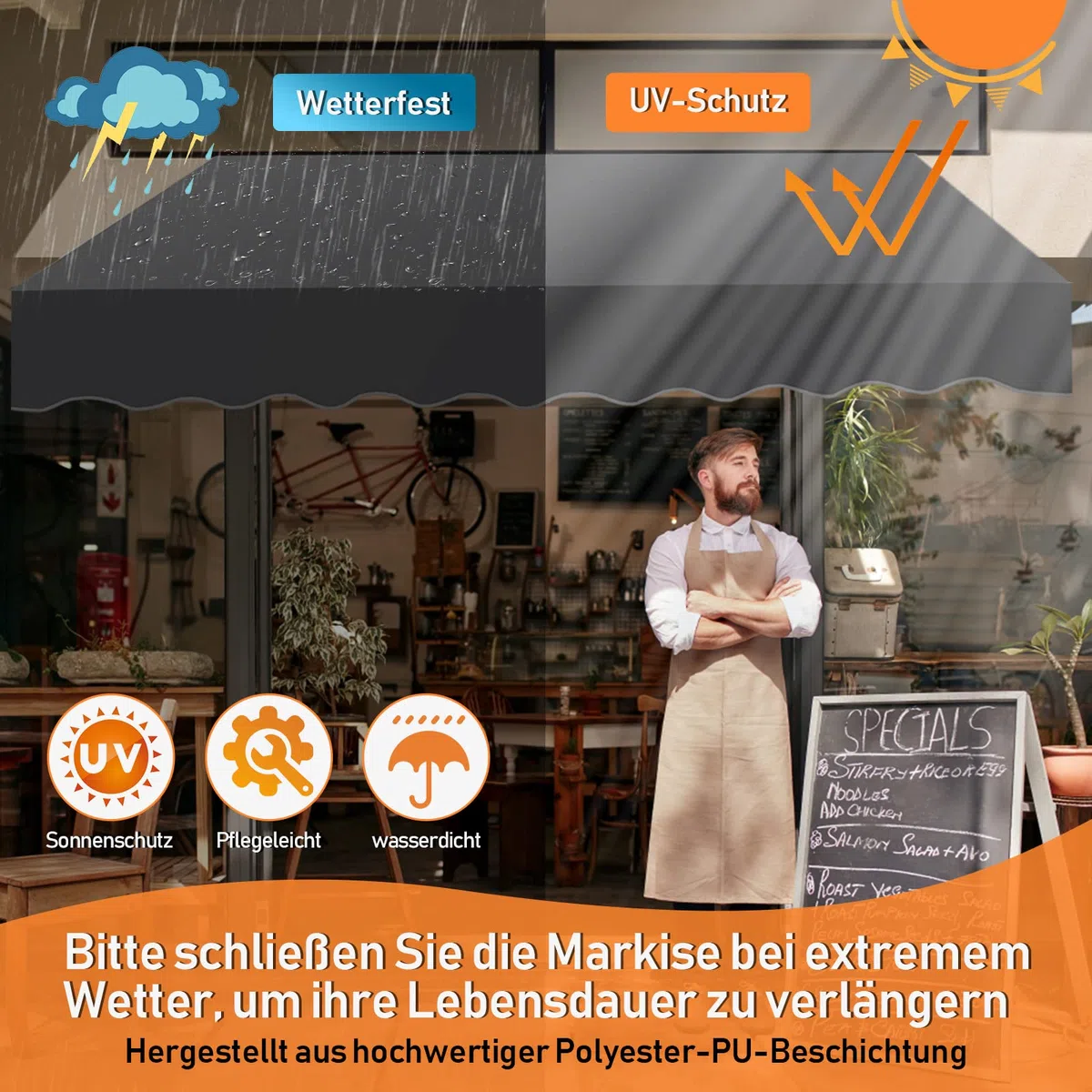 Markiza zaciskowa, balkonowa, bez wiercenia, 250 cm szerokości, z korbą ręczną, regulacją wysokości, odporna na działanie promieni UV i wodoszczelna, na taras, balkon, szara