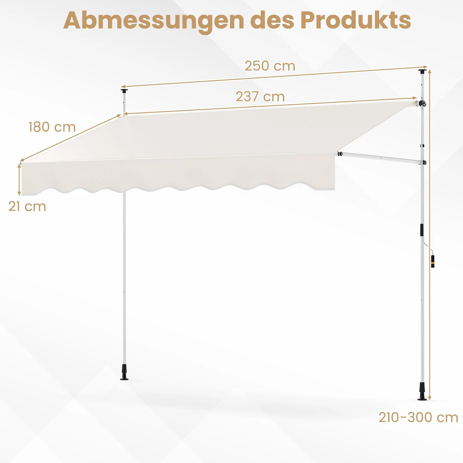 COSTWAY Markiza balkonowa bez wiercenia, z korbą ręczną, regulacja wysokości i odporna na promieniowanie UV, ochrona przed słońcem na taras, balkon (250 cm, biała)
