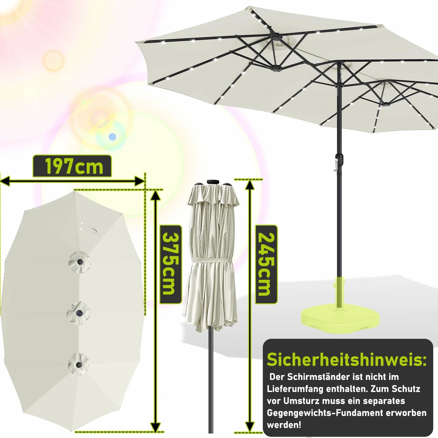 Podwójny parasol przeciwsłoneczny, prostokątny, 394 x 210 cm, z solarną diodą LED i korbą ręczną, duży parasol przeciwsłoneczny, parasol ogrodowy, parasol tarasowy, 12 stalowych żeber, ochrona