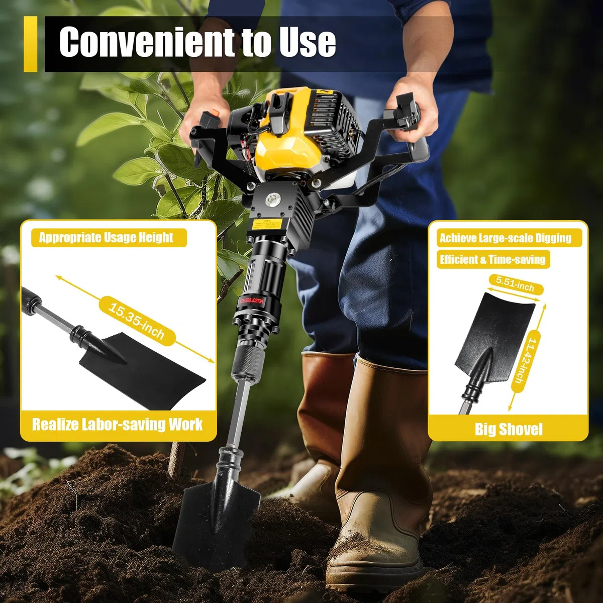 Koparka do drzew 1250 W, benzyna, koparka do drzew ogrodowych, z łopatą #7 z łopatą #7 (żółta)