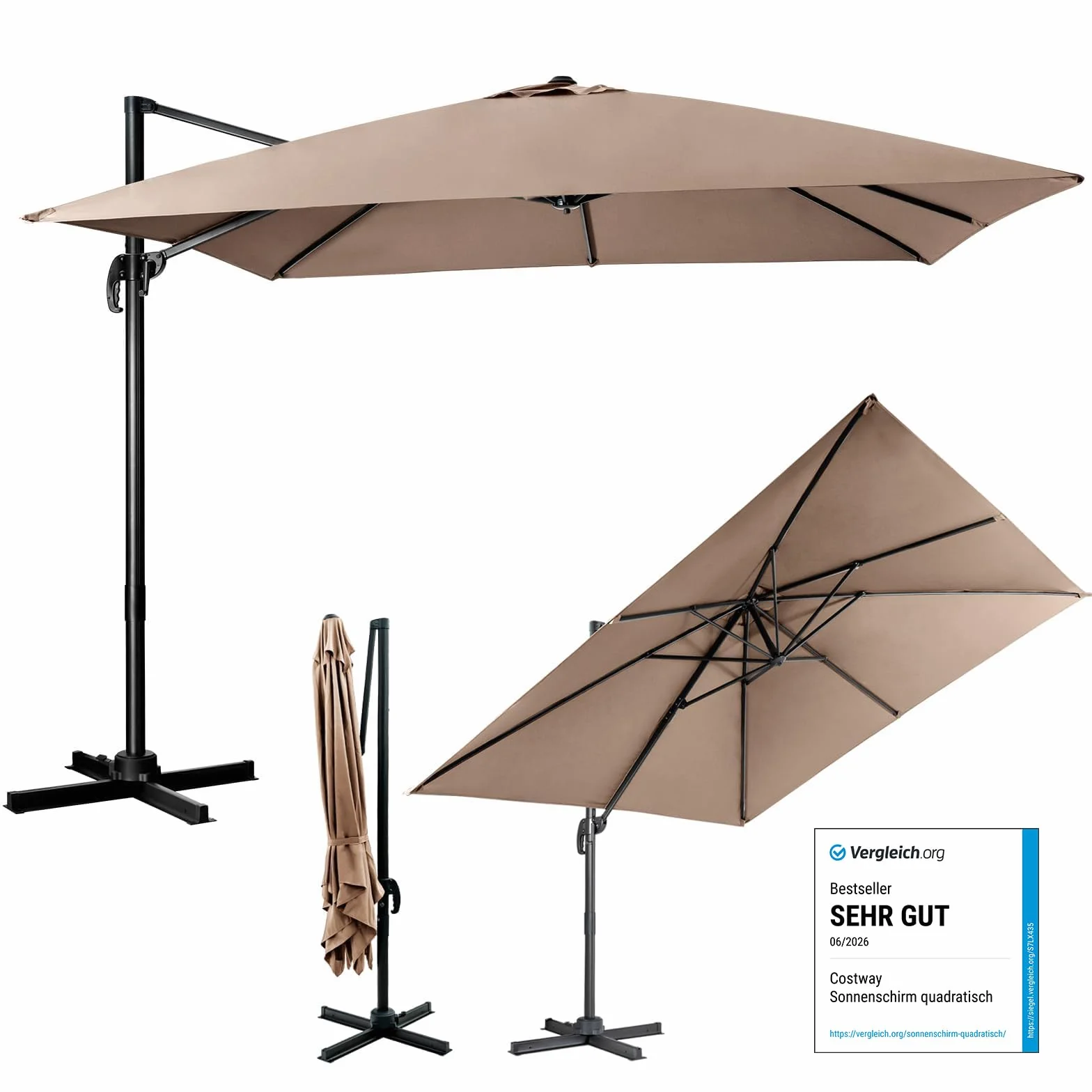COSTWAY Parasol ogrodowy kwadratowy 300 x 300 cm z korbą obracany 360°