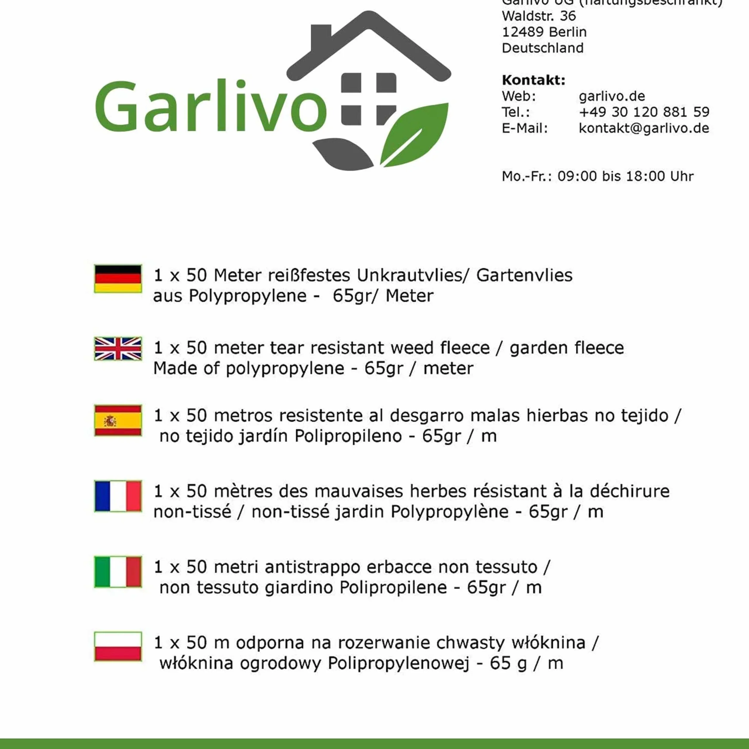 1500 m² Garlivo 130 g/m² włóknina na chwasty przepuszczająca wodę w różnych rozmiarach, odporna na rozdarcia włóknina ogrodowa z bardzo wysoką ochroną UV - folia na chwasty łatwa do układania - 50 m x 30 rolki
