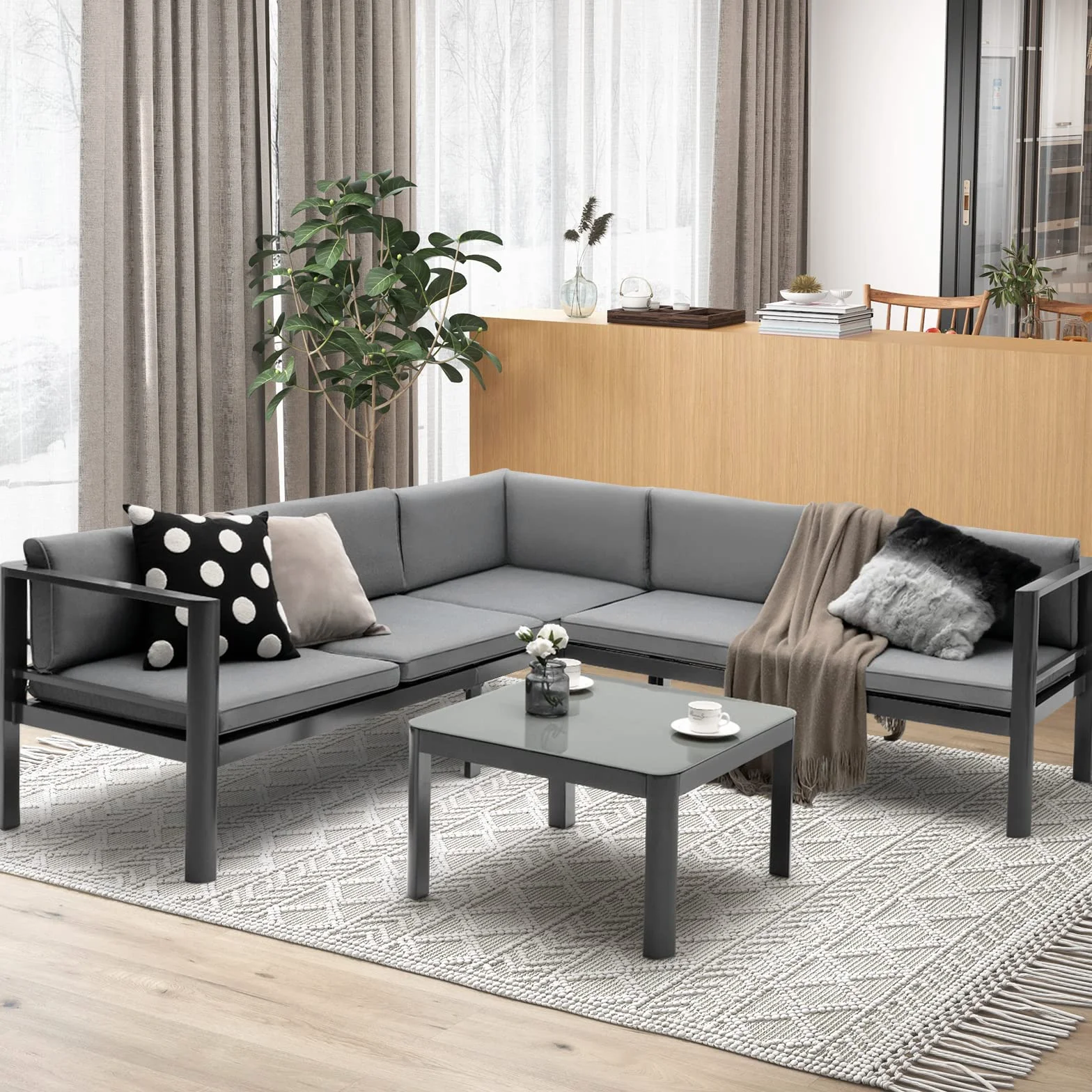KOMFOTTEU Zestaw mebli ogrodowych dla 5-6 osób, sofa narożna L i stolik kawowy, aluminium