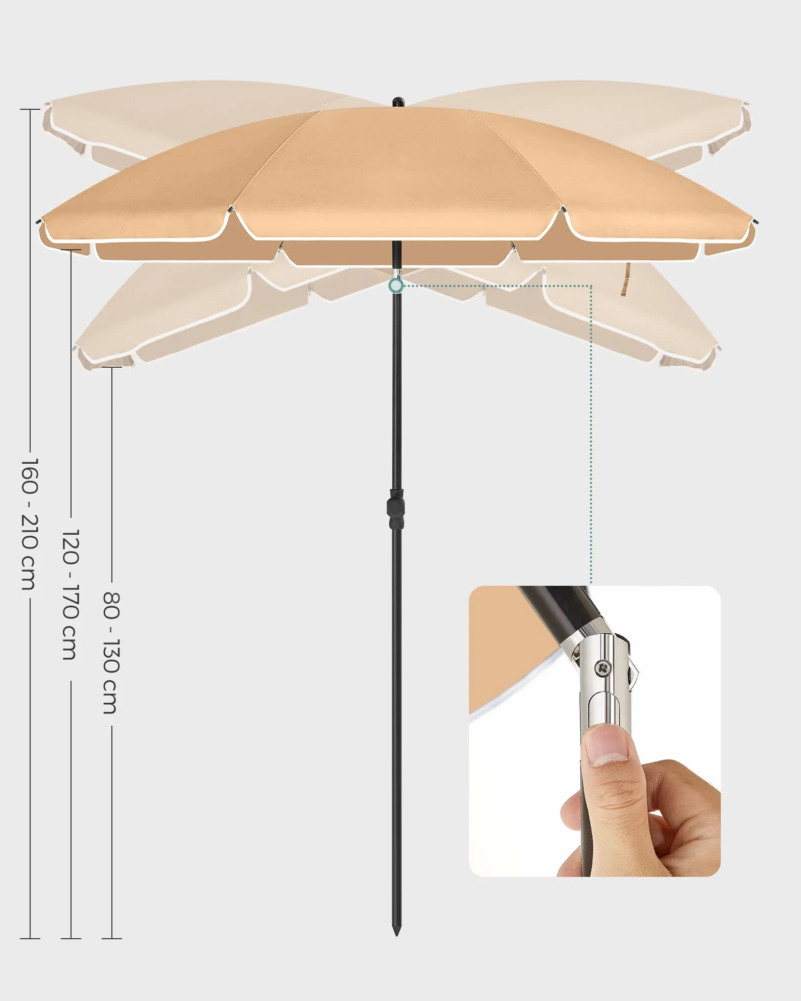 SONGMICS Parasol plażowy, Ø 160 cm, parasol ogrodowy, ochrona UV do UPF 50+, składany, ochrona przeciwsłoneczna, przenośny, żebra parasola wykonane z włókna szklanego, ciemnoszary GPU60BR