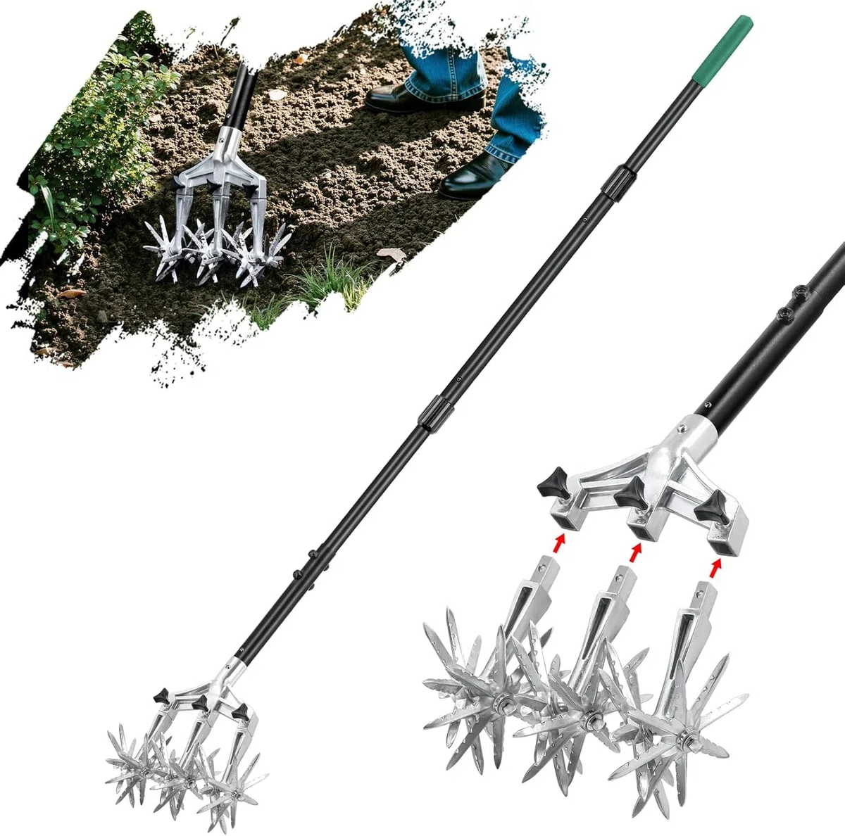 Wertykulator ogrodowy, ręczny wałek do trawy z kolcami, 45 cm/53 cm, z bębnem do napełniania i odłączaną rączką 130 cm, wytrzymały, obrotowy, stalowy, z zębami pchającymi i ciągnącymi (45 x