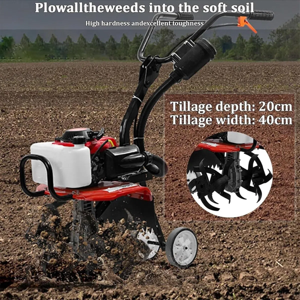 Ogrodowy glebogryzarka, 4-suwowy rotowator do gleby, 10500 obr./min, duża moc, zbiornik paliwa 1,2 l, głęboka uprawa, do trawników i ogrodów