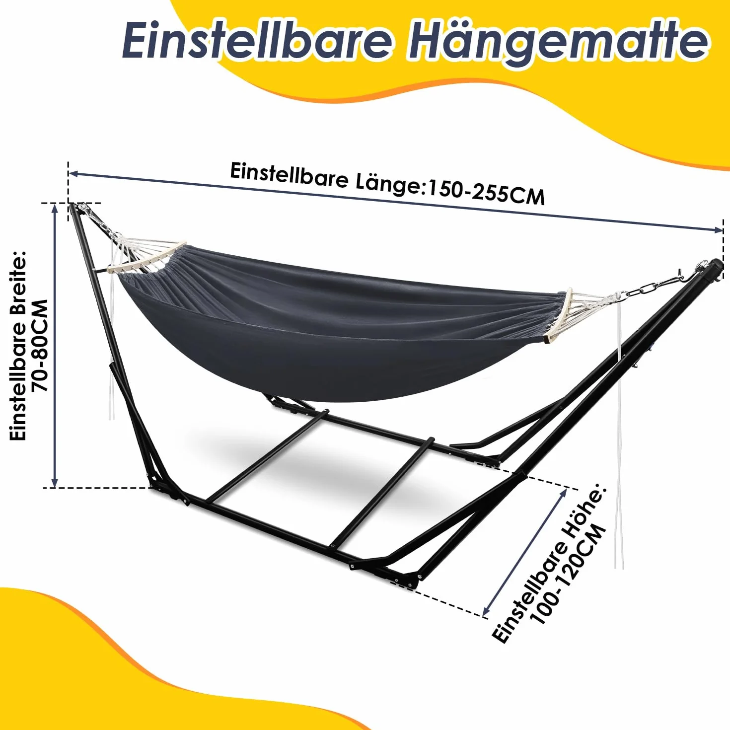 Hamak ze stelażem, obciążenie do 200 kg, dla 2 osób, składany hamak outdoorowy ze stelażem do ogrodu, na taras, balkon, z torbą do przenoszenia, metalowy stelaż