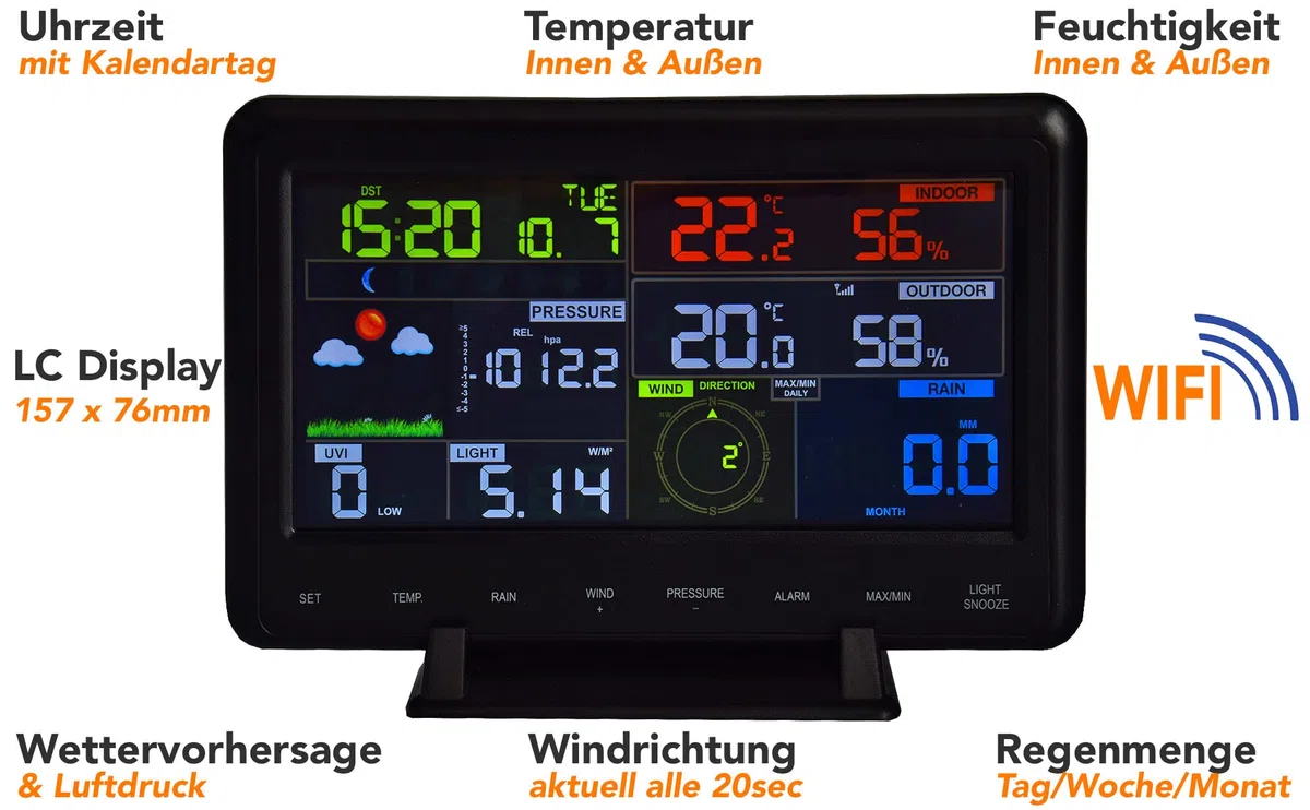 Stacja pogodowa WLAN 12w1 - wyświetlacz temperatury wewnętrznej i zewnętrznej z wyświetlaczem, inteligentna aplikacja, bezprzewodowy radar pogodowy z czujnikiem zewnętrznym, deszczomierz