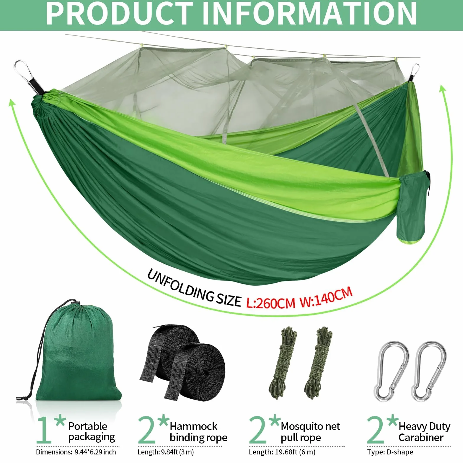 CIRULLI Hamak z moskitierą 260 x 140 cm, nośność 300 kg, ultralekki i wytrzymały, podwójny nylon spadochronowy, hamak outdoorowy, kemping, do ogrodu, w zestawie