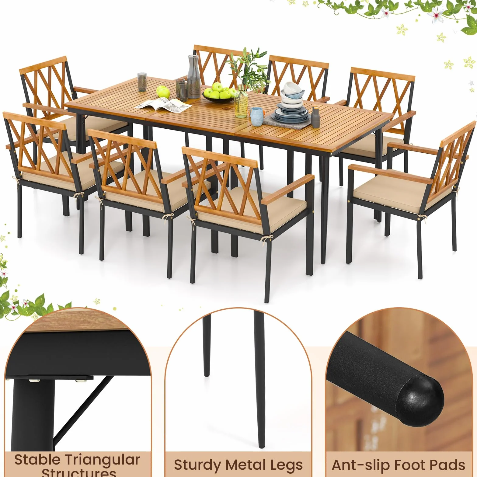 GIANTEX Stół ogrodowy z otworem na parasol Ø 5 cm, prostokątny stół zewnętrzny z drewna akacjowego dla 8 osób, metalowe nóżki, na taras, patio, 200 x 90 x 75 cm