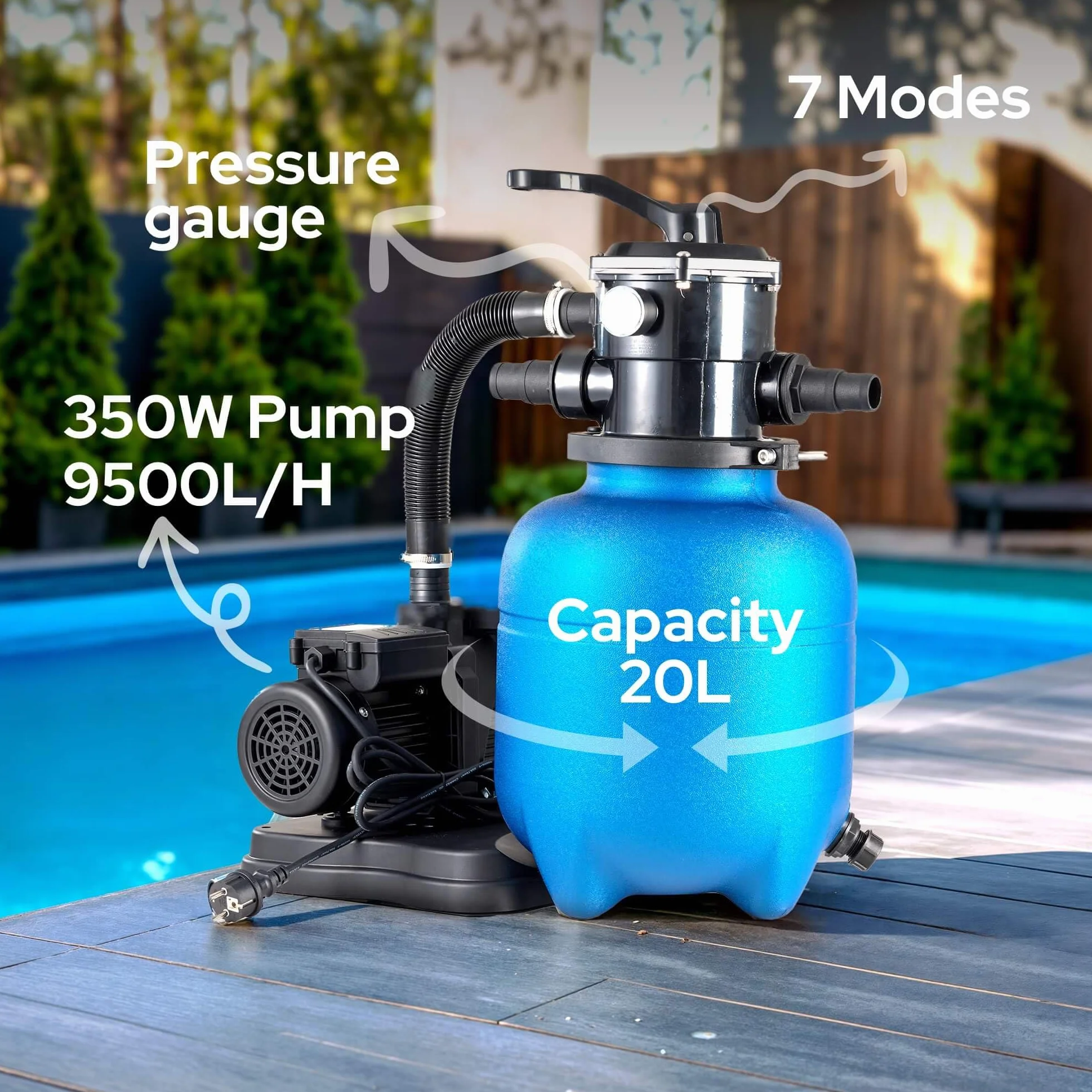 Arebos System filtra piaskowego z pompą 350 W 9500 L/h 20 kg piasku 7-drożny zawór manometr