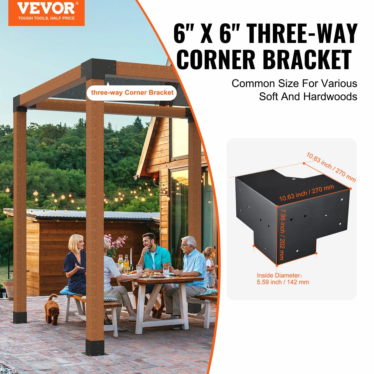 VEVOR Kit Staffe per Pergola 15x15 cm Supporto per Pali in Legno da Carpenteria 4 Staffe Angolari a 3 Vie Kit per Travi Fai da Te per Gazebo, Pergolati da Patio, Cabine, Kit Staffe per Pergola 4 pz