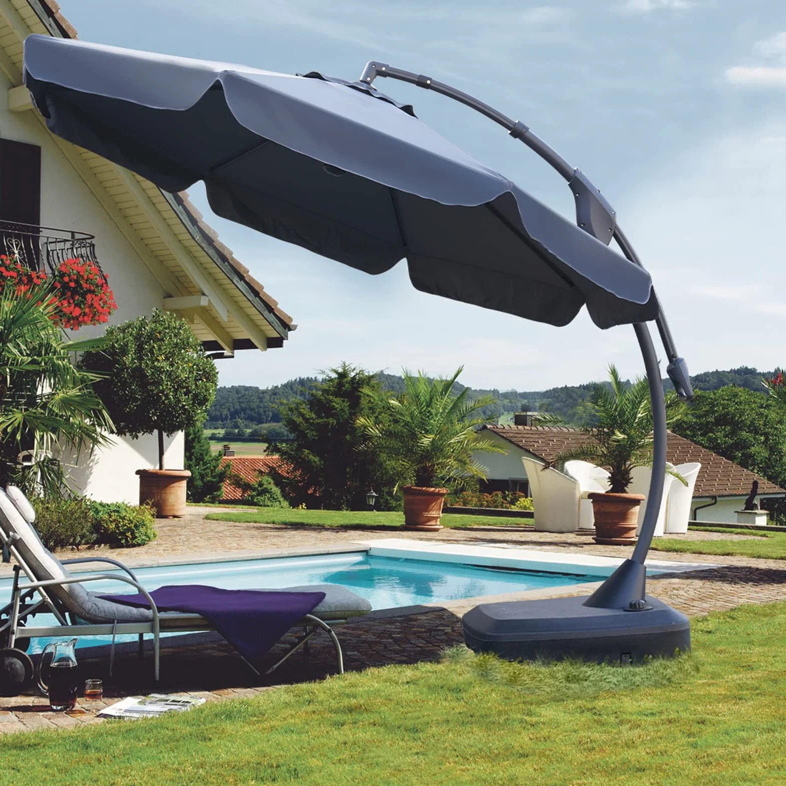 Grand patio Parasol ogrodowy aluminiowy wspornikowy z podstawą 8 żeber podnośnik korbowy