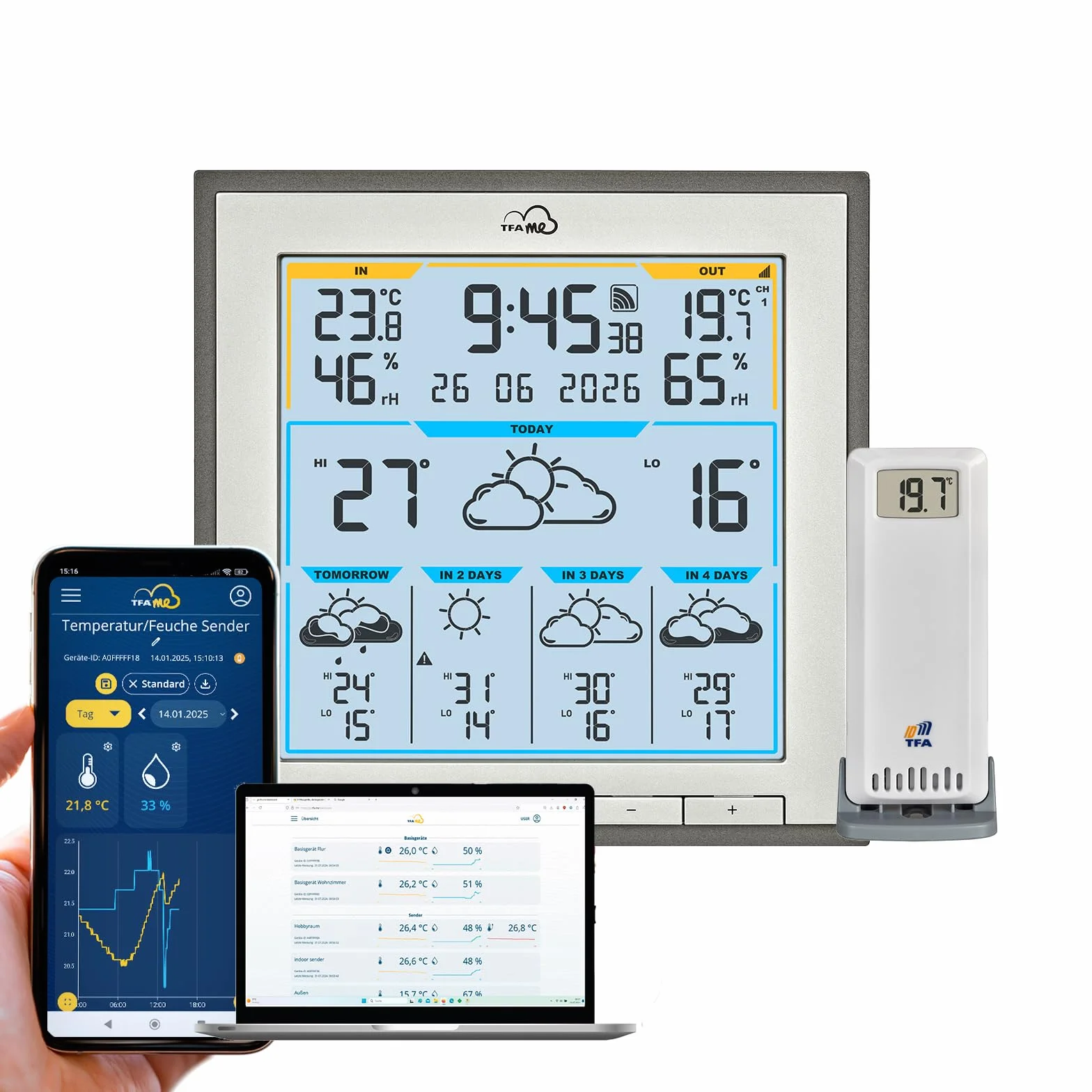 TFA Dostmann TFA.me ID-08 stacja pogodowa WLAN ID-08, 35.8105.10, profesjonalna prognoza pogody przez Wetter.com na 5 dni, portal internetowy, z czujnikiem zewnętrznym, radiowym czujnikiem zewnętrznym