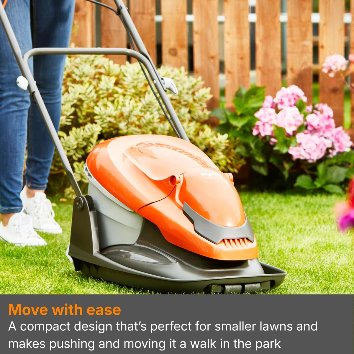 Flymo EasiGlide 360 Hover Collect kosiarka do trawy – silnik 1800 W, szerokość koszenia 36 cm, skrzynka na trawę 26 l, płasko złożona, długość kabla 10 m, pomarańczowy i szary
