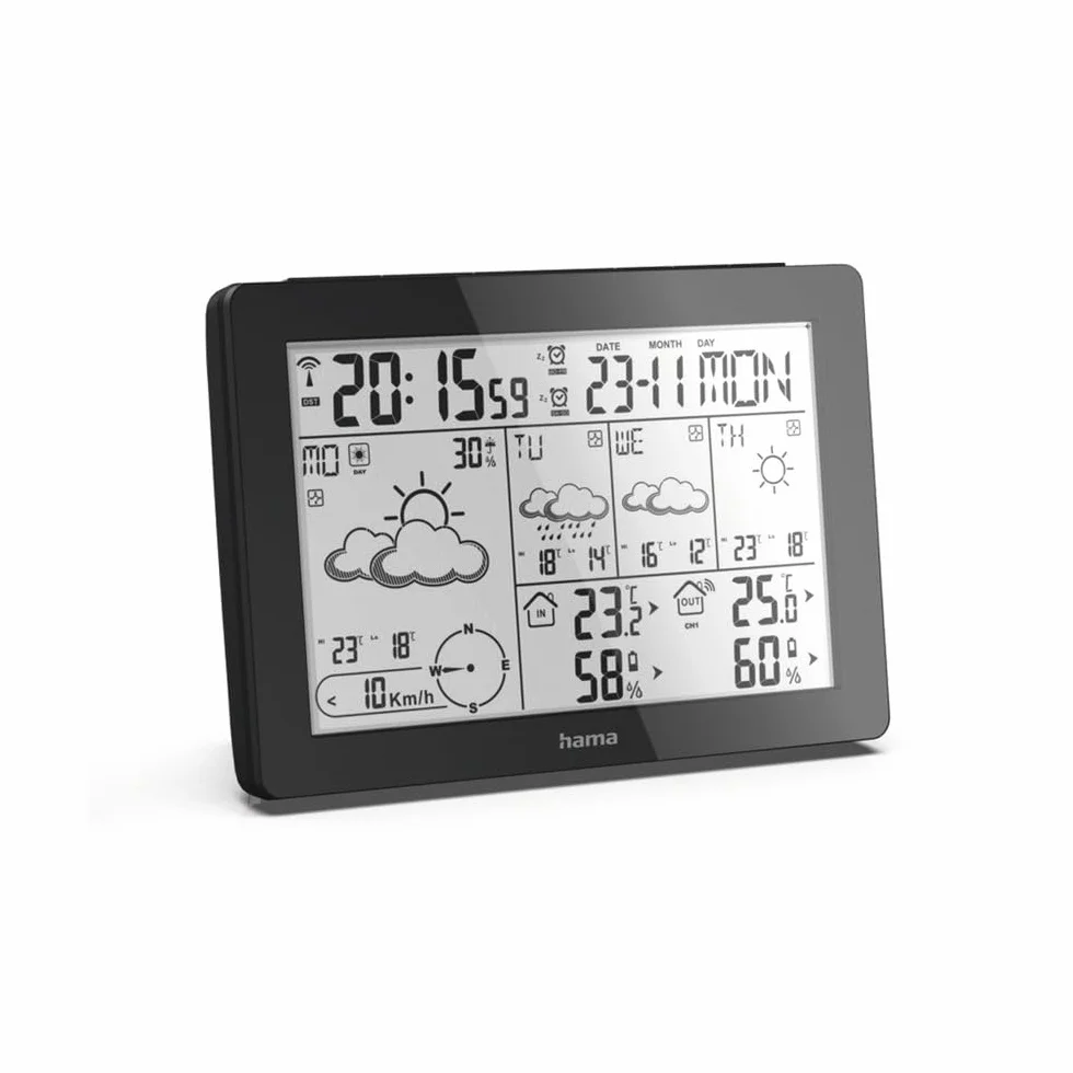 Hama stacja pogody Meteotime (1 czujnik zewnętrzny, pomiar temperatury i wilgotności, zegar sterowany z DCF77) czarny