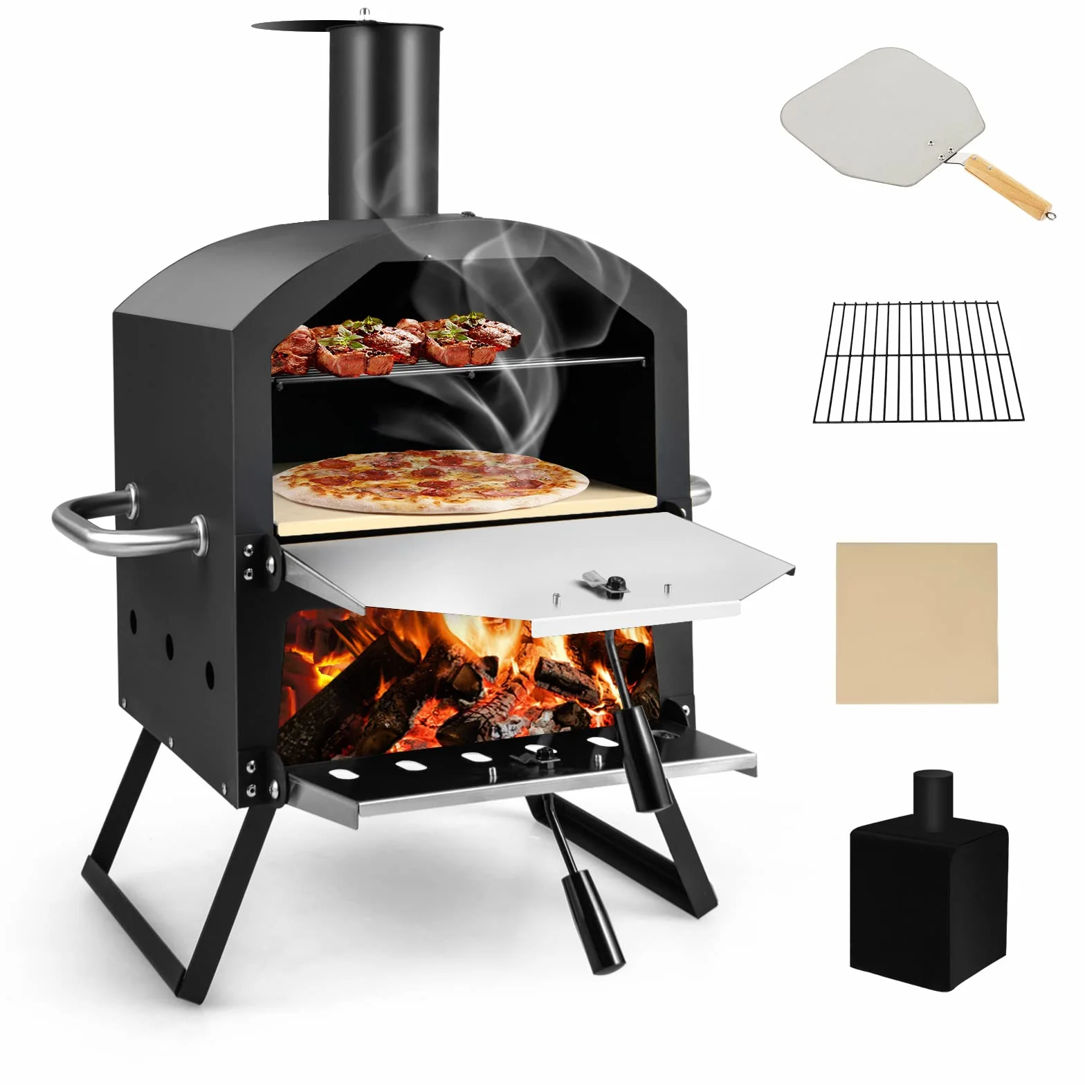 COSTWAY Piec do pizzy na zewnątrz, 2-warstwowy z rusztem grillowym, kamieniem, łopatką i składanymi nogami