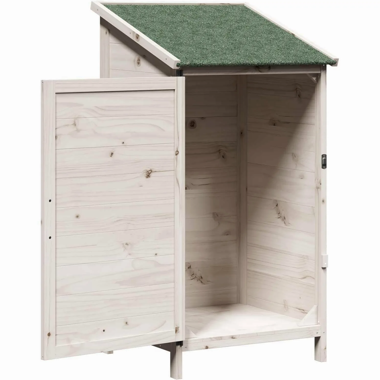 Drewniany domek ogrodowy, biały, 59,5 x 56 x 113,5 cm, z materiału drewnopochodnego z drzwiami wentylacyjnymi i nachylonym dachem asfaltowym do przechowywania narzędzi ogrodowych