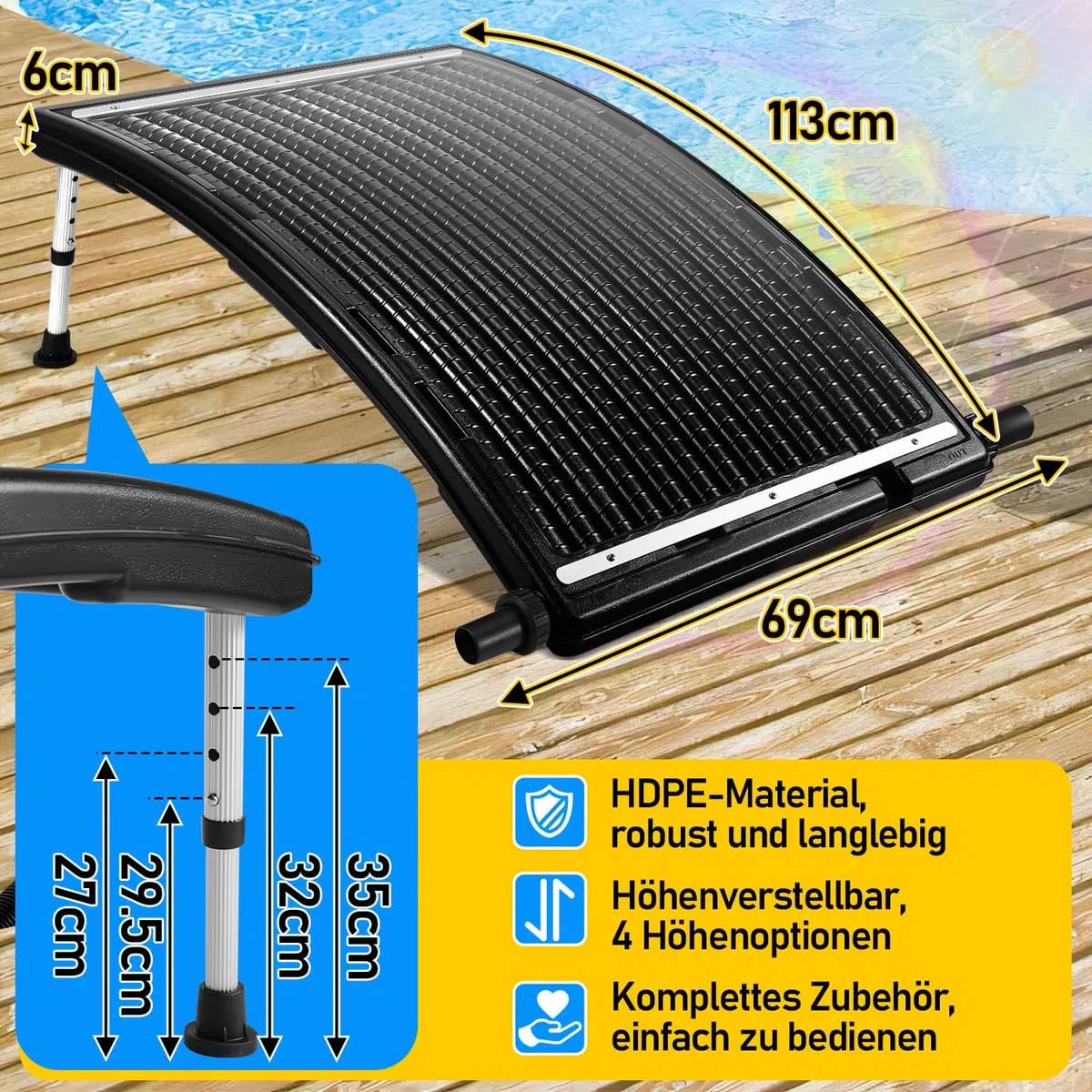 3 x ogrzewanie solarne do basenu, kolektor solarny 110 x 65 x 35 cm, z regulacją wysokości, do basenów do 10 000 l/h, przyłącze 32/38 mm, ogrzewanie basenowe, ogrzewanie solarne