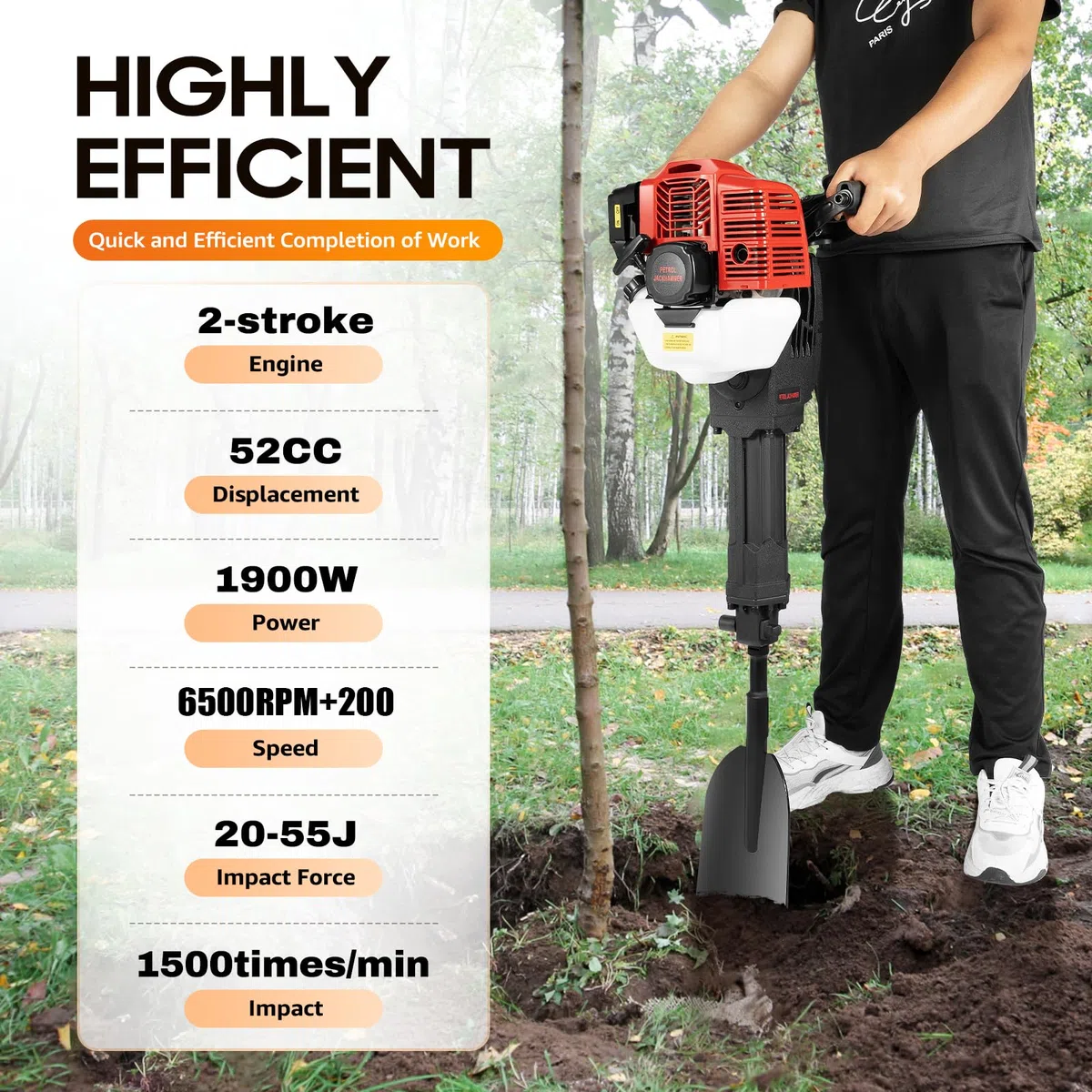 Koparka gazowa 52 CC dwusuwowa, koparka ogrodowa ze stalową szuflą | Wydajny silnik dwusuwowy 52 CC o mocy 1900 W, siła uderzenia 20-55J i 1500 uderzeń na minutę