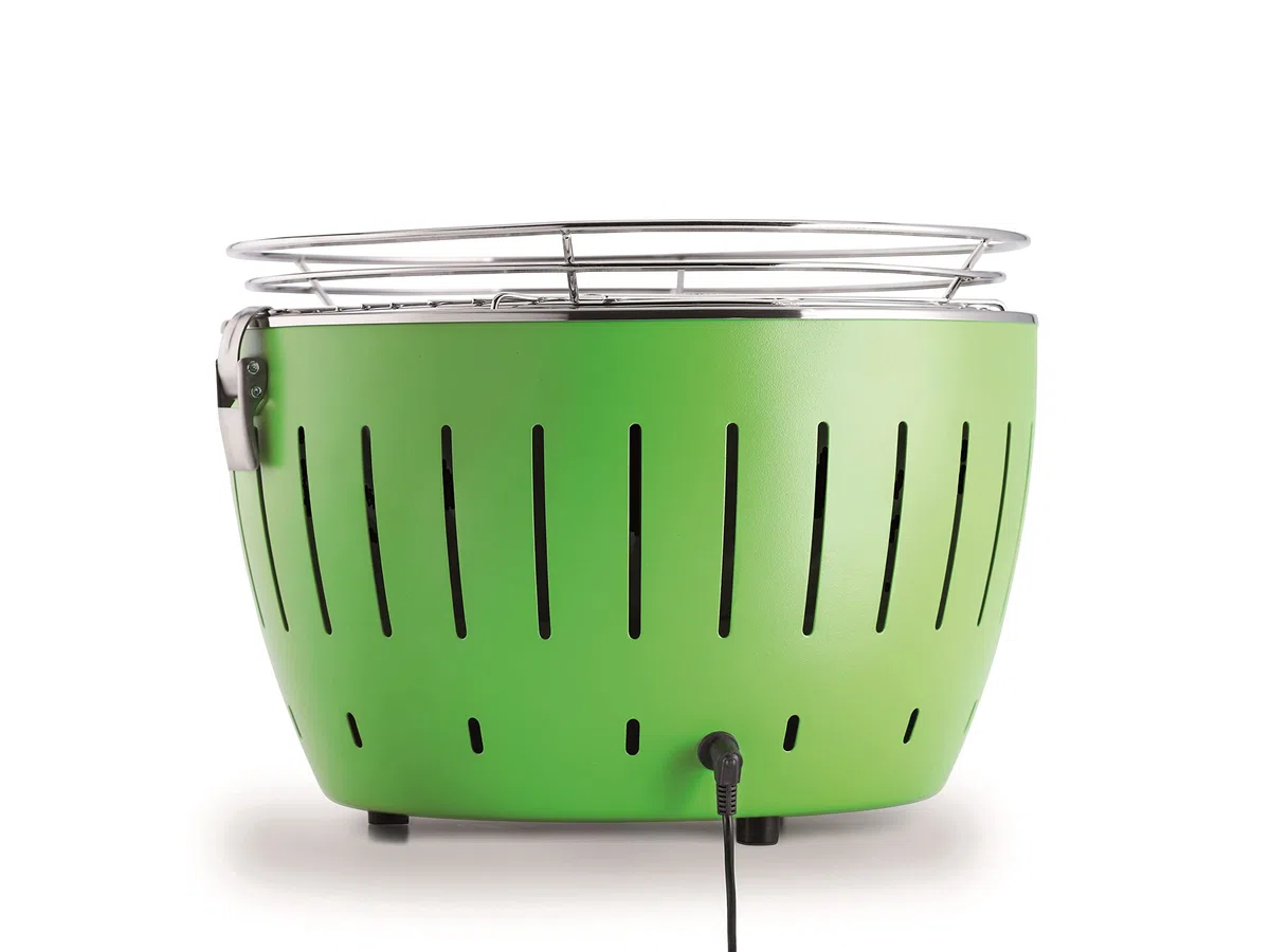 LotusGrill S Small kompaktowy zestaw startowy ognista czerwień, niskodymny grill na węgiel drzewny z 2,5 kg węgla bukowego, 200 ml pasty, 1 x szczypce (kolor w magazynie), 1 x torba. Zasilanie USB lub