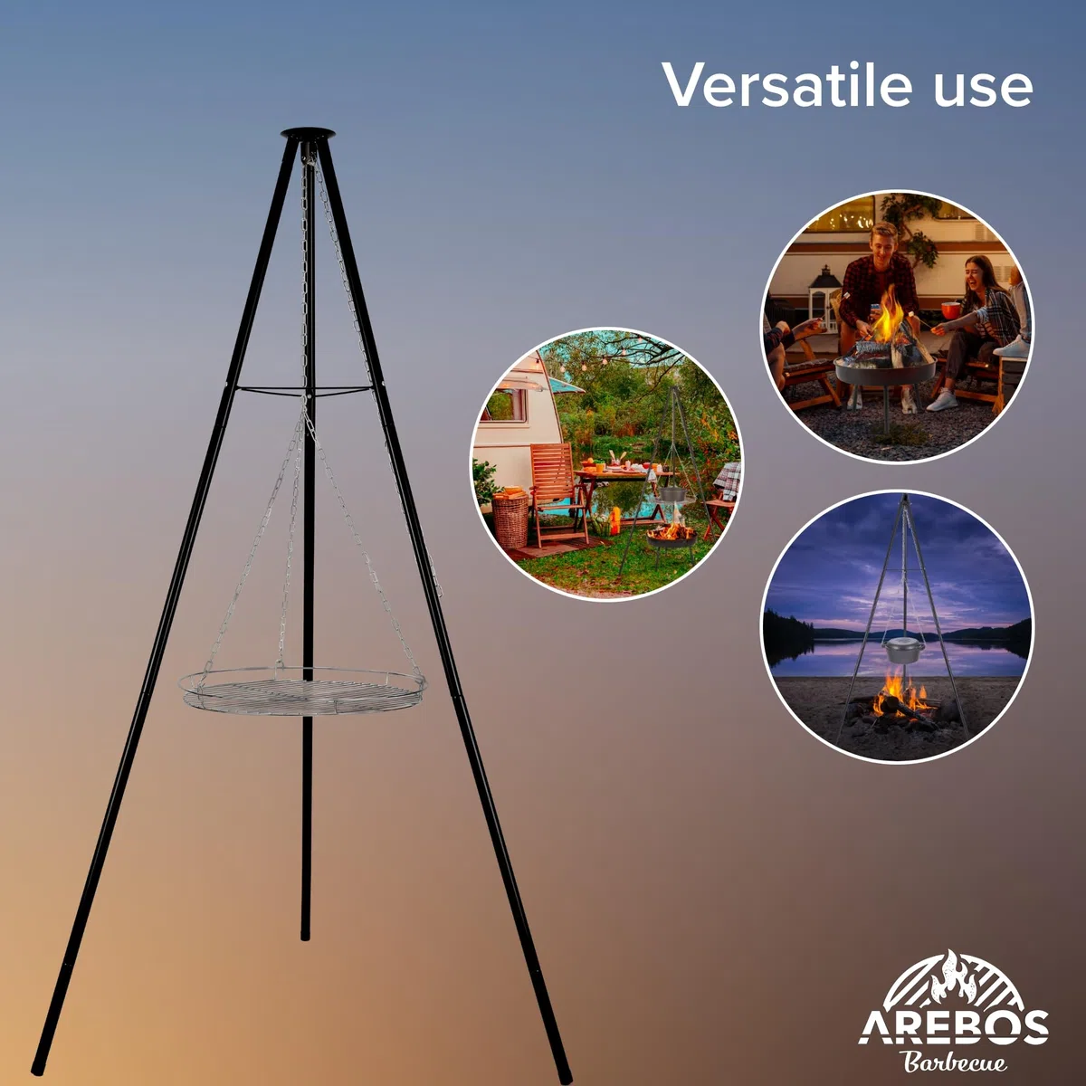Arebos Obrotowy grill węglowy z rusztem Ø 51 cm | Grill obrotowy | Statyw do kotła gulaszowego | Ruszt do gotowania Ø 49 cm | Rama do grilla z paleniskiem | Łańcuszek z regulacją wysokości 228 cm