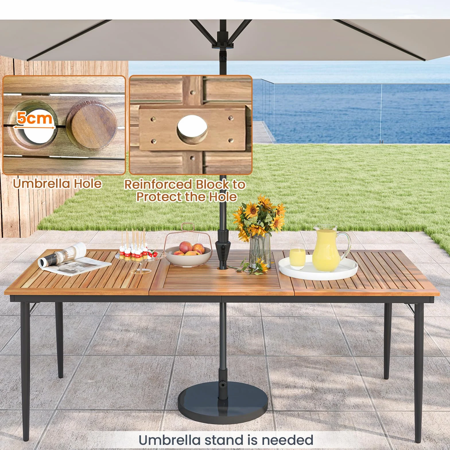 GIANTEX Stół ogrodowy z otworem na parasol Ø 5 cm, prostokątny stół zewnętrzny z drewna akacjowego dla 8 osób, metalowe nóżki, na taras, patio, 200 x 90 x 75 cm