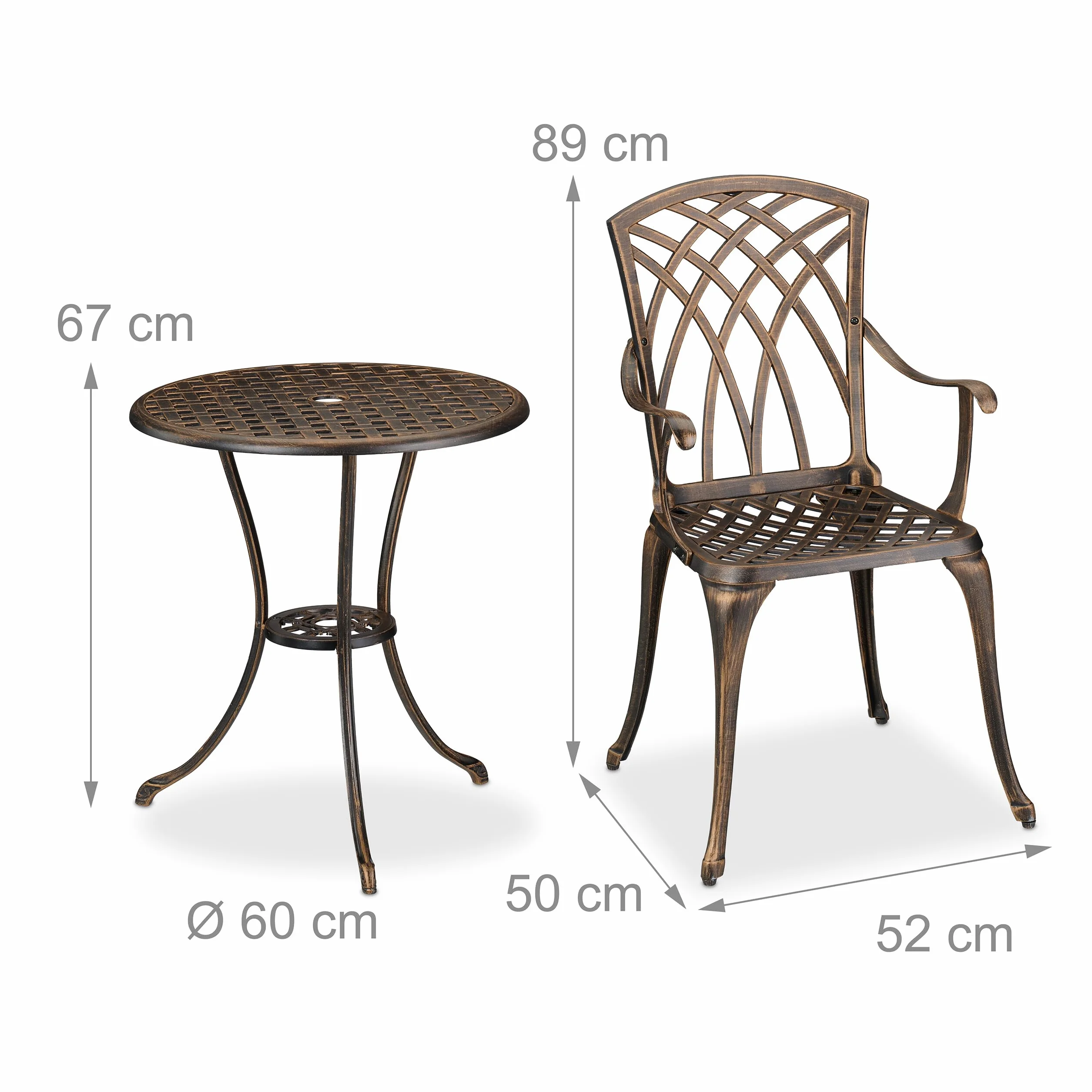 Relaxdays 3-częściowy zestaw mebli ogrodowych, stół, 2 krzesła, odlew aluminiowy, meble balkonowe, antyczny design, zestaw mebli ogrodowych, czarny/brąz