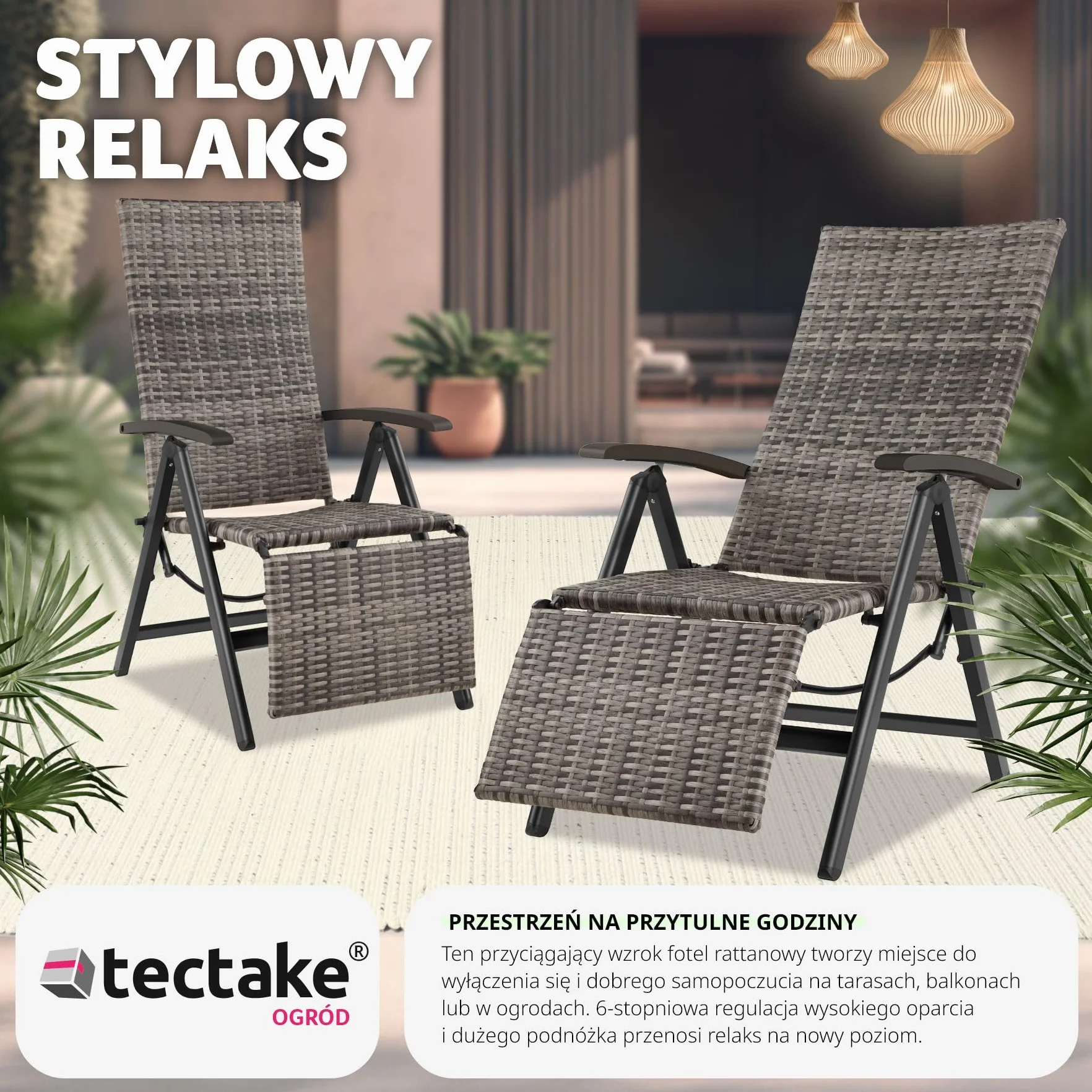 tectake®, Składany Fotel Ogrodowy, Rattanowe Krzesło Relaksacyjne, Regulacja Oparcia, Podnóżek, Plecionka UV, Aluminium, Antypoślizgowe Nóżki, Leżak Plażowy, Balkonowy, Na Taras (Szary)
