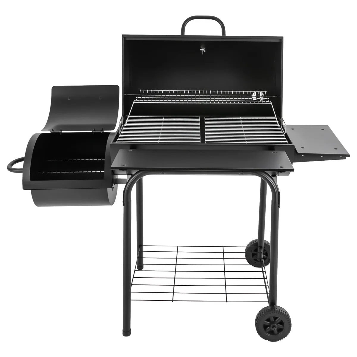 Grill na węgiel drzewny z pokrywką, duży grill węglowy z kółkami i termometrem i 2 półkami, na kemping i do ogrodu, 147 x 70 x 126 cm