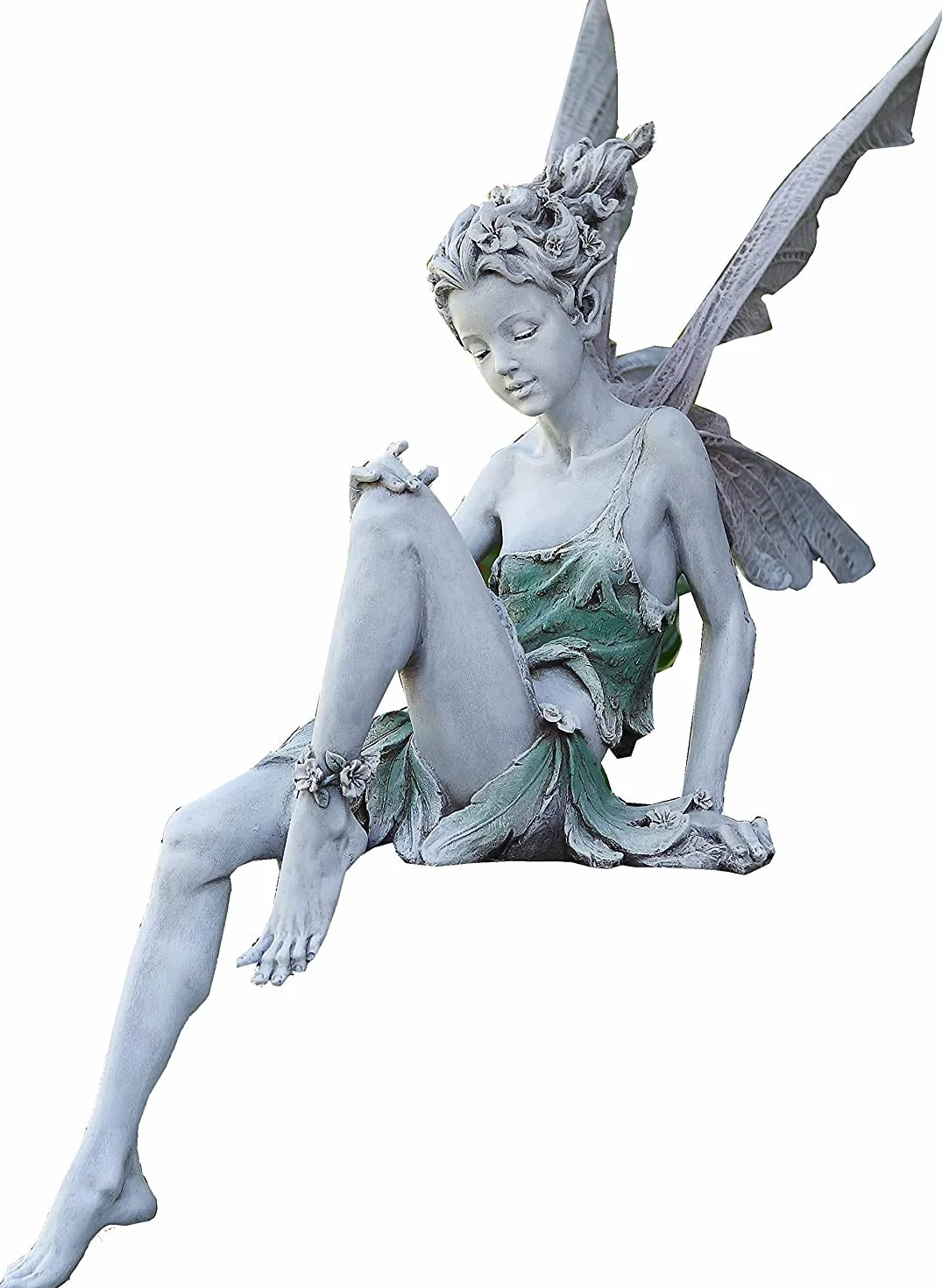 Siedząca wróżka, dekoracja ogrodowa, figurki ogrodowe do użytku na zewnątrz, wysokość 22 cm, siedząca, magiczna statuetka wróżki, elfy z żywicy, rzeźba ze skrzydłami, zielona