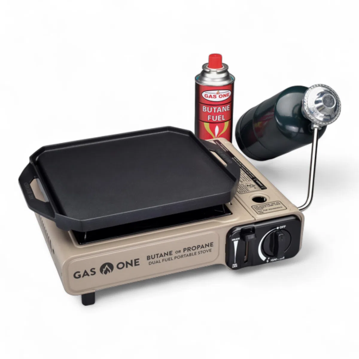 GasOne GS-3400P-KIT Kuchenka gazowa na propan lub butan z płaską płytą w zestawie – dwupaliwowa kuchenka na propan, do gotowania, na kemping, kuchnię, odlewane ciśnieniowo aluminium z powłoką