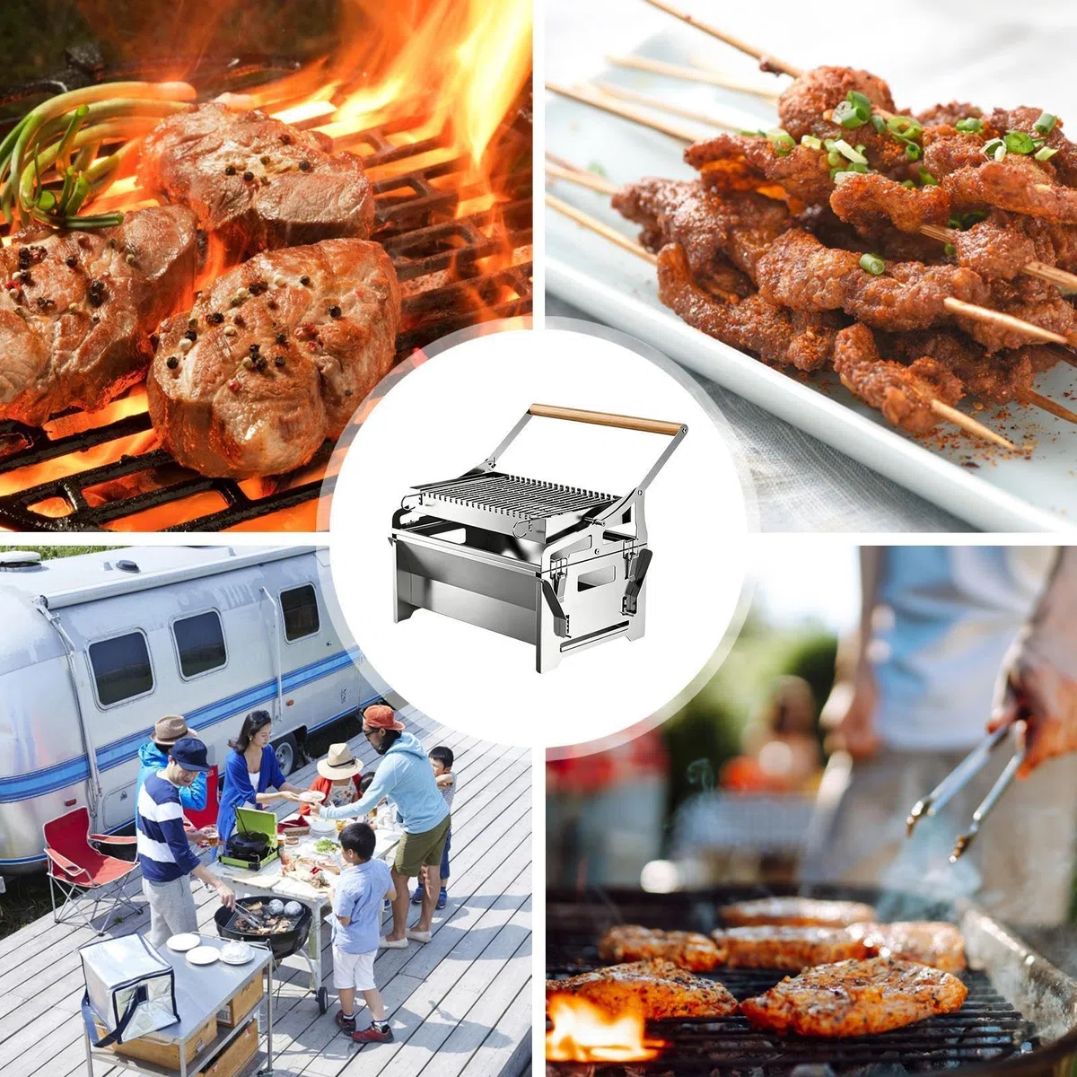 Grill Węglowy BBQ Obrotowe Narzędzie Grillowe Kempingowe Ze Stali | Grill Węglowy Do Pieczenia Na Piknik, Ogród, Taras, Plażę, Kemping, Imprezy Rodzinne, Podwórko I Park