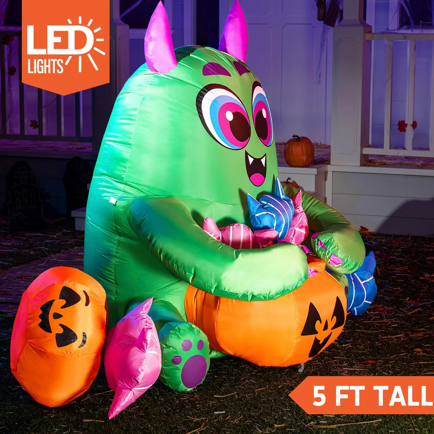 Joiedomi 5 FT Long Halloween Inflatable Monster Candy with Pumpkin Inflatable Yard Decoration with Build-in LEDs Blow Up Inflatables for Halloween Party Indoor, Outdoor, Yard, Garden, Lawn Decorations