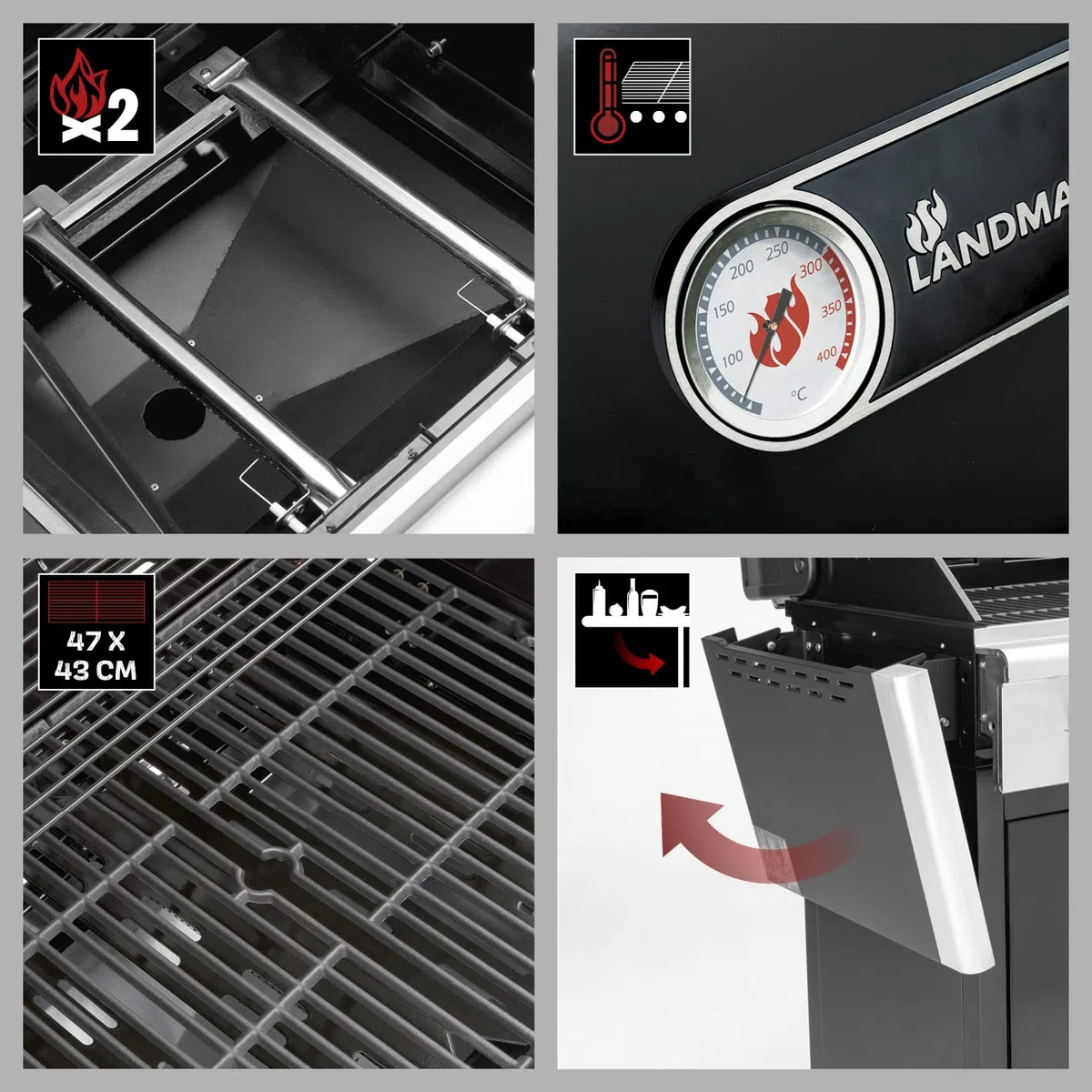LANDMANN Grill gazowy Triton PTS 2.0 | Premium grill gazowy z pokrywką z podwójnymi ściankami i termometrem w pokrywie | ruszt do grillowania z emaliowanego żeliwa zapewnia doskonały branding