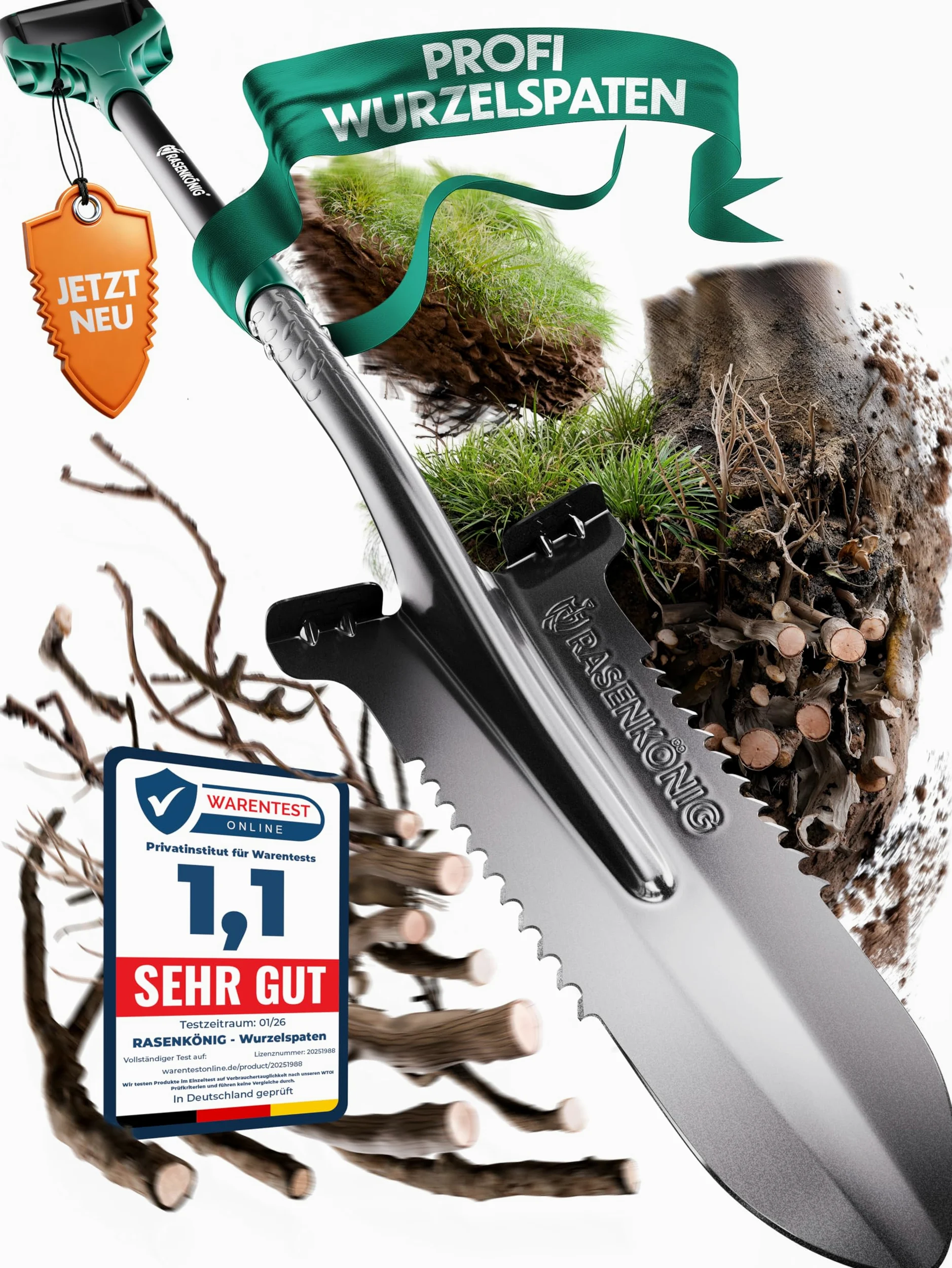 łopata Pro z piłą korzeniową, zwycięzca testu, łopata do marchwi do ogrodnictwa, z 20 zębami piły, ergonomicznym uchwytem i szerokim krawędzią kroczącą, stabilna łopata ogrodowa dla