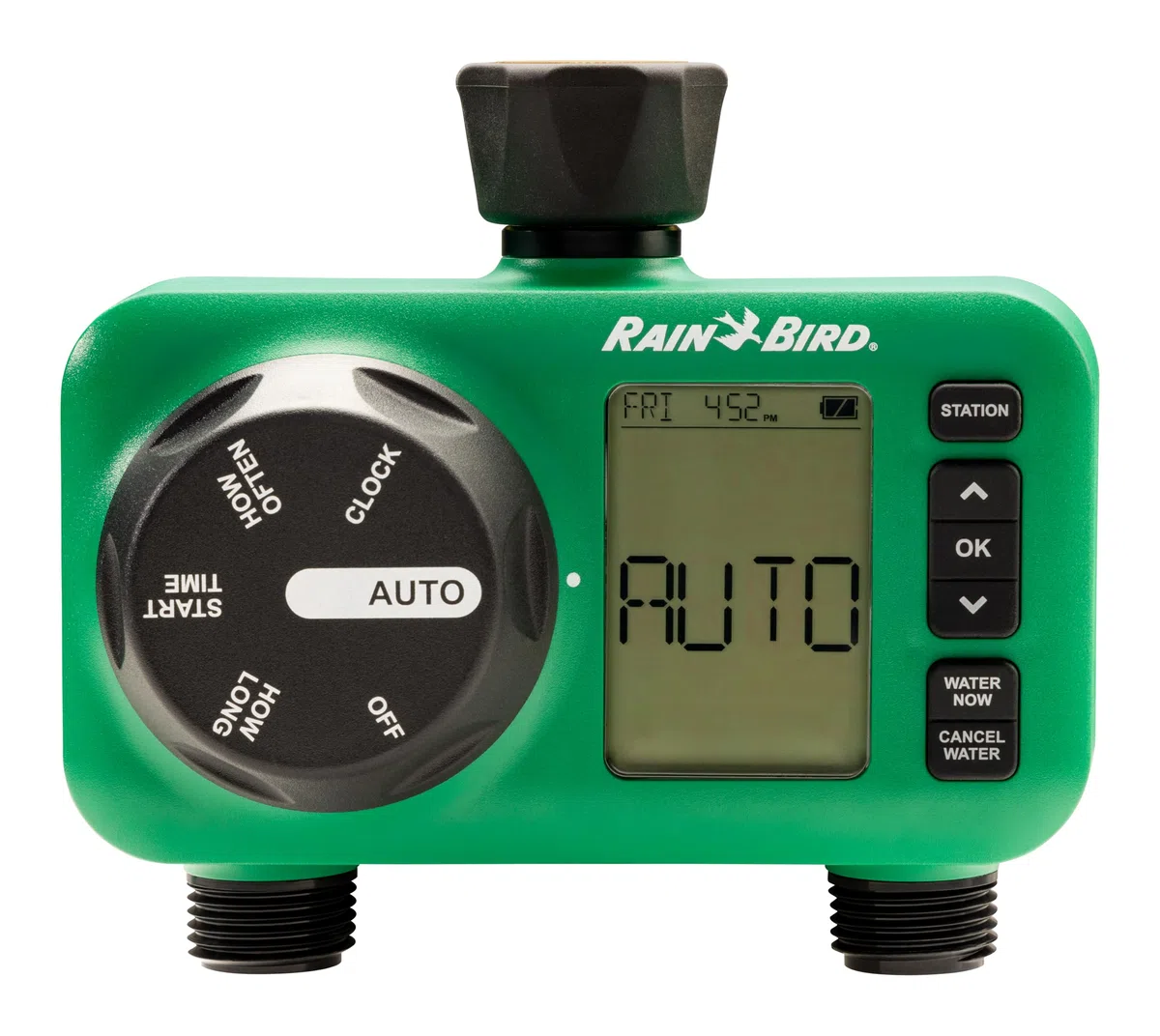 Rain Bird HET200 Elektroniczny cyfrowy timer do nawadniania/nawadniania, zasilany bateriami, gwint węża ogrodowego 3/10.2 cm, wytrzymały mosiężny wlot, 2 gniazda/porty